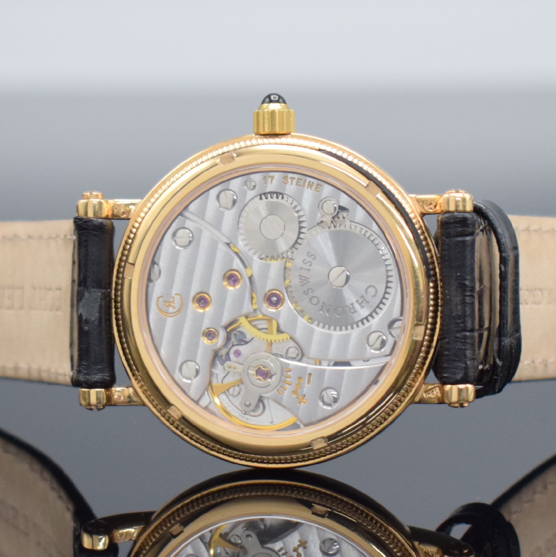 Detail d: CHRONOSWISS seltene Herrenarmbanduhr Orea in Roségold 750/000 Referenz CH 1161 R, Handaufzug, Schweiz um 2010, beids. vergl., Ränder kannel., Boden ...