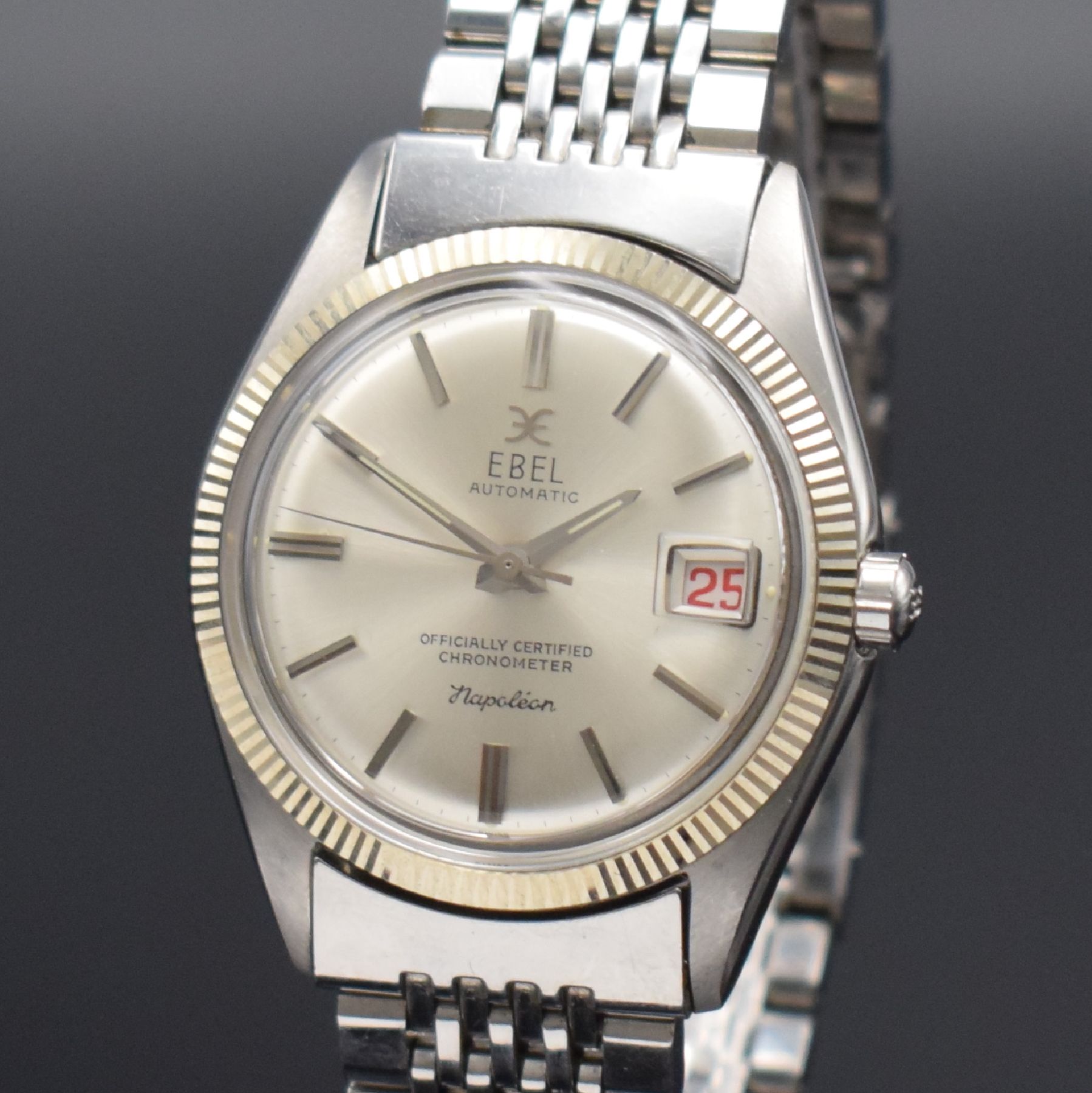 Detail c: EBEL seltener Armbandchronometer Napoleon, Automatik, Schweiz um 1970, Edelstahlgeh. inkl. orig. Gliederband m. Faltschl., Boden verschr., geriffelte ...