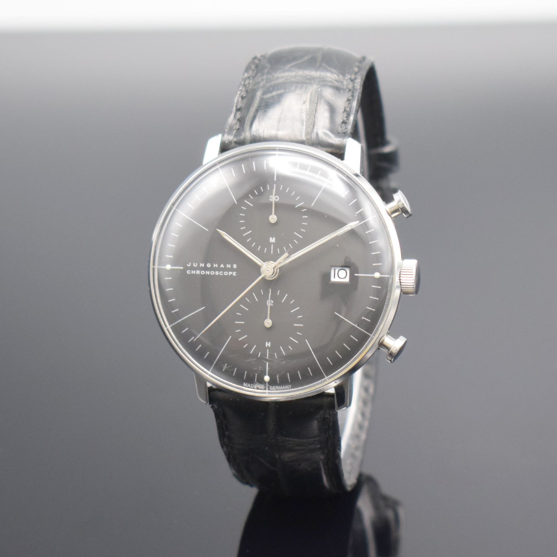 JUNGHANS Armbandchronograph Chronoscope Max Bill Referenz 27.4601, Automatik, Deutschland um 2018, Edelstahlgeh., Boden verschr., schwarzes ...