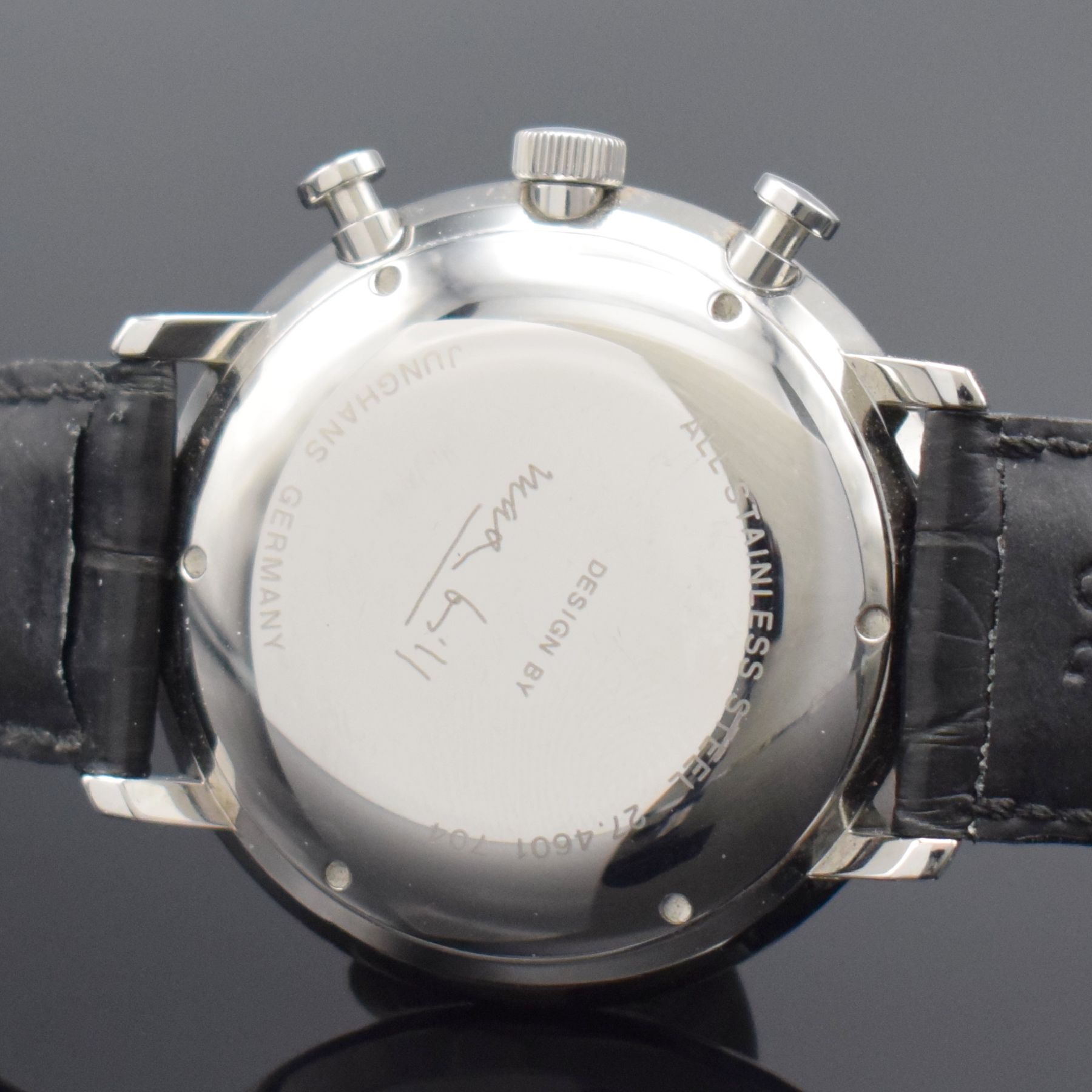 Detail b: JUNGHANS Armbandchronograph Chronoscope Max Bill Referenz 27.4601, Automatik, Deutschland um 2018, Edelstahlgeh., Boden verschr., schwarzes ...