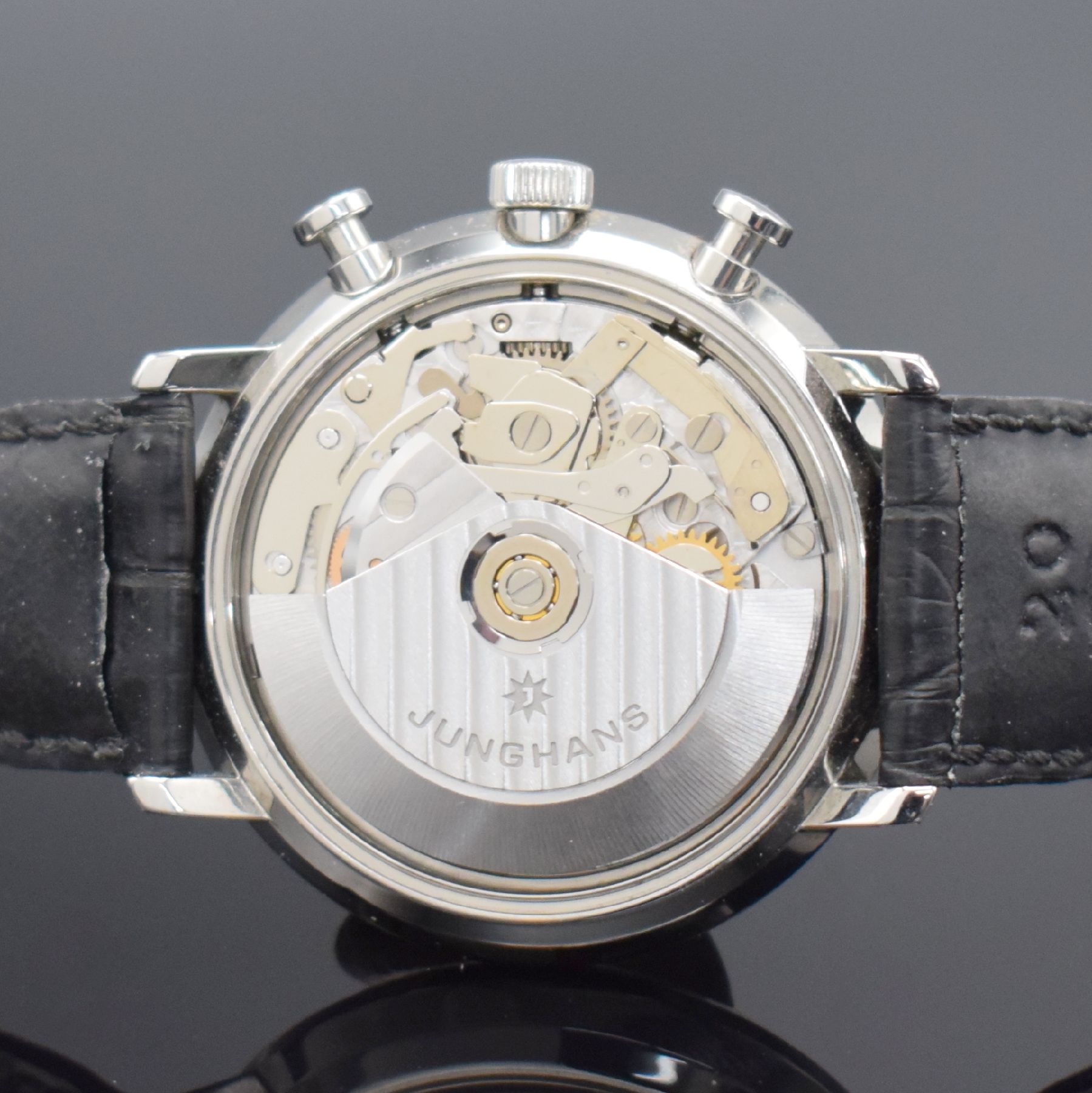 Detail c: JUNGHANS Armbandchronograph Chronoscope Max Bill Referenz 27.4601, Automatik, Deutschland um 2018, Edelstahlgeh., Boden verschr., schwarzes ...