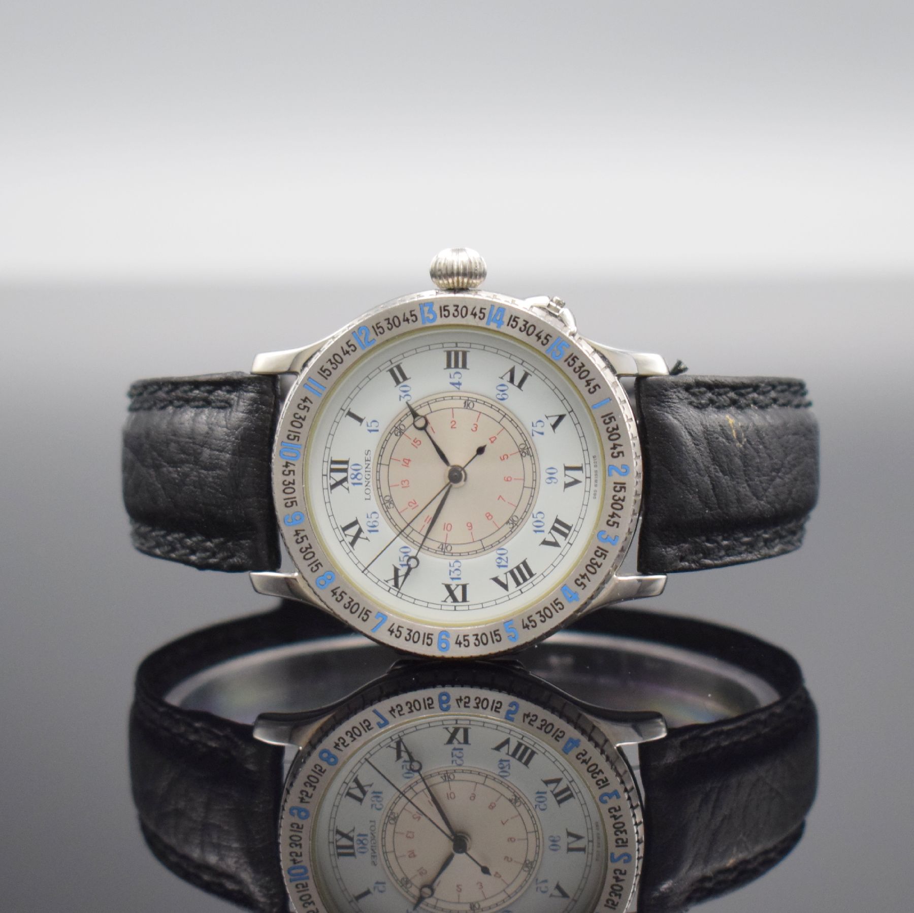 LONGINES Lindbergh Stundenwinkeluhr Referenz 989.5215, Automatik, Schweiz um 1990, Edelstahlgeh. inkl. orig. Lederband m. orig. Dornschl., Geh. nach ...