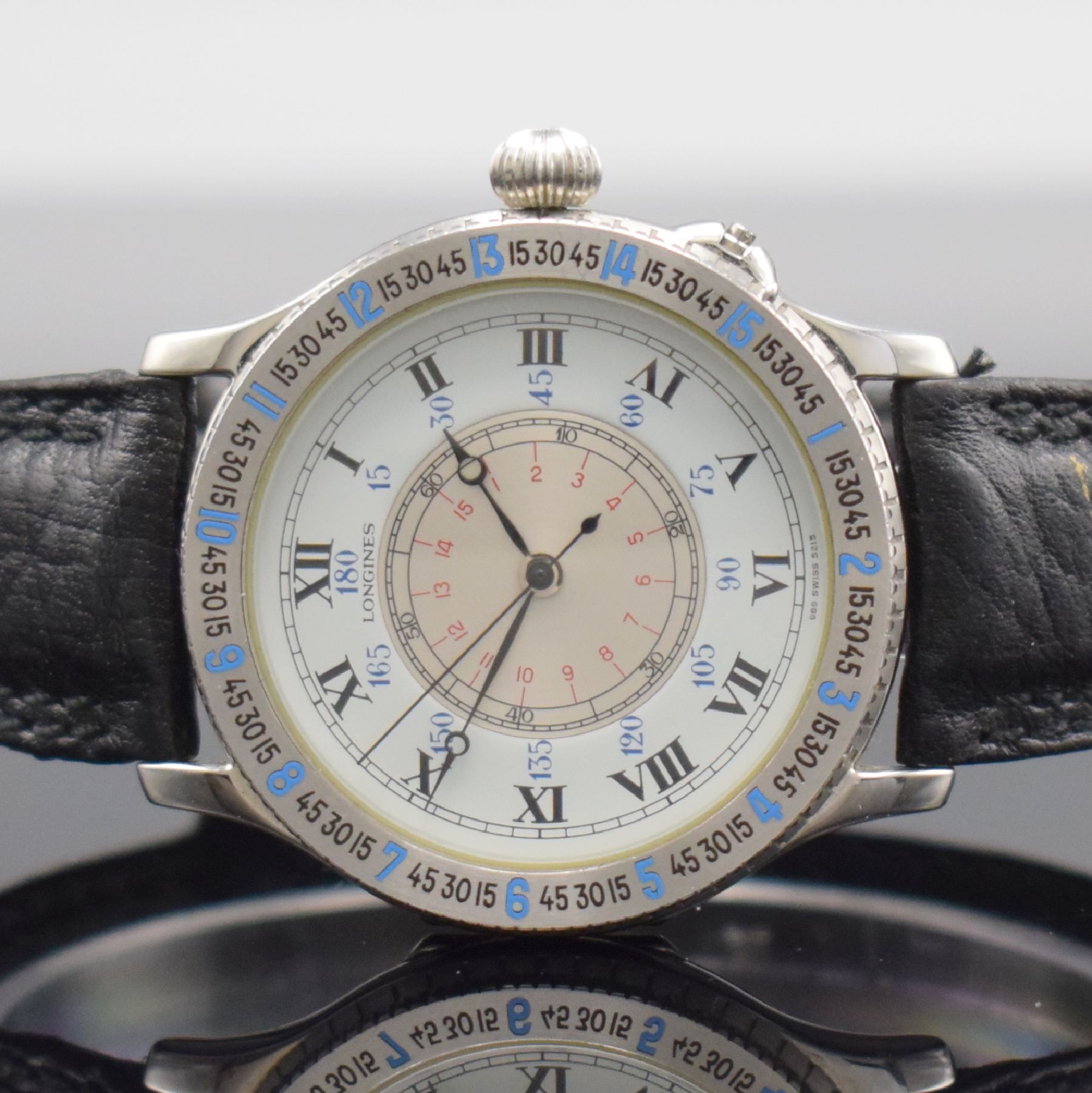 Detail a: LONGINES Lindbergh Stundenwinkeluhr Referenz 989.5215, Automatik, Schweiz um 1990, Edelstahlgeh. inkl. orig. Lederband m. orig. Dornschl., Geh. nach ...