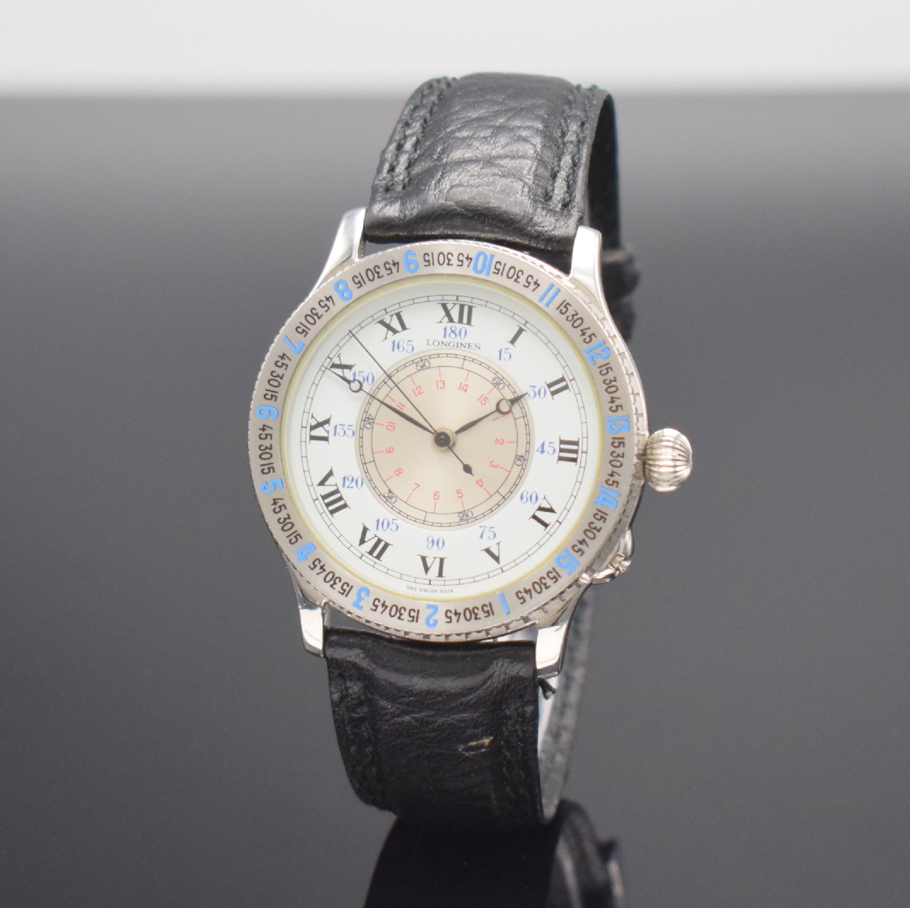 Detail b: LONGINES Lindbergh Stundenwinkeluhr Referenz 989.5215, Automatik, Schweiz um 1990, Edelstahlgeh. inkl. orig. Lederband m. orig. Dornschl., Geh. nach ...