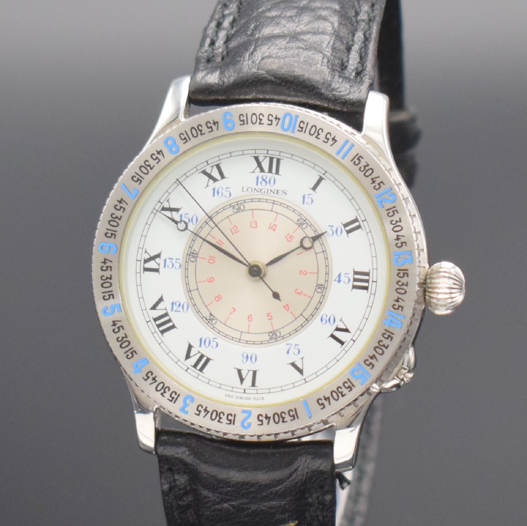 Detail c: LONGINES Lindbergh Stundenwinkeluhr Referenz 989.5215, Automatik, Schweiz um 1990, Edelstahlgeh. inkl. orig. Lederband m. orig. Dornschl., Geh. nach ...