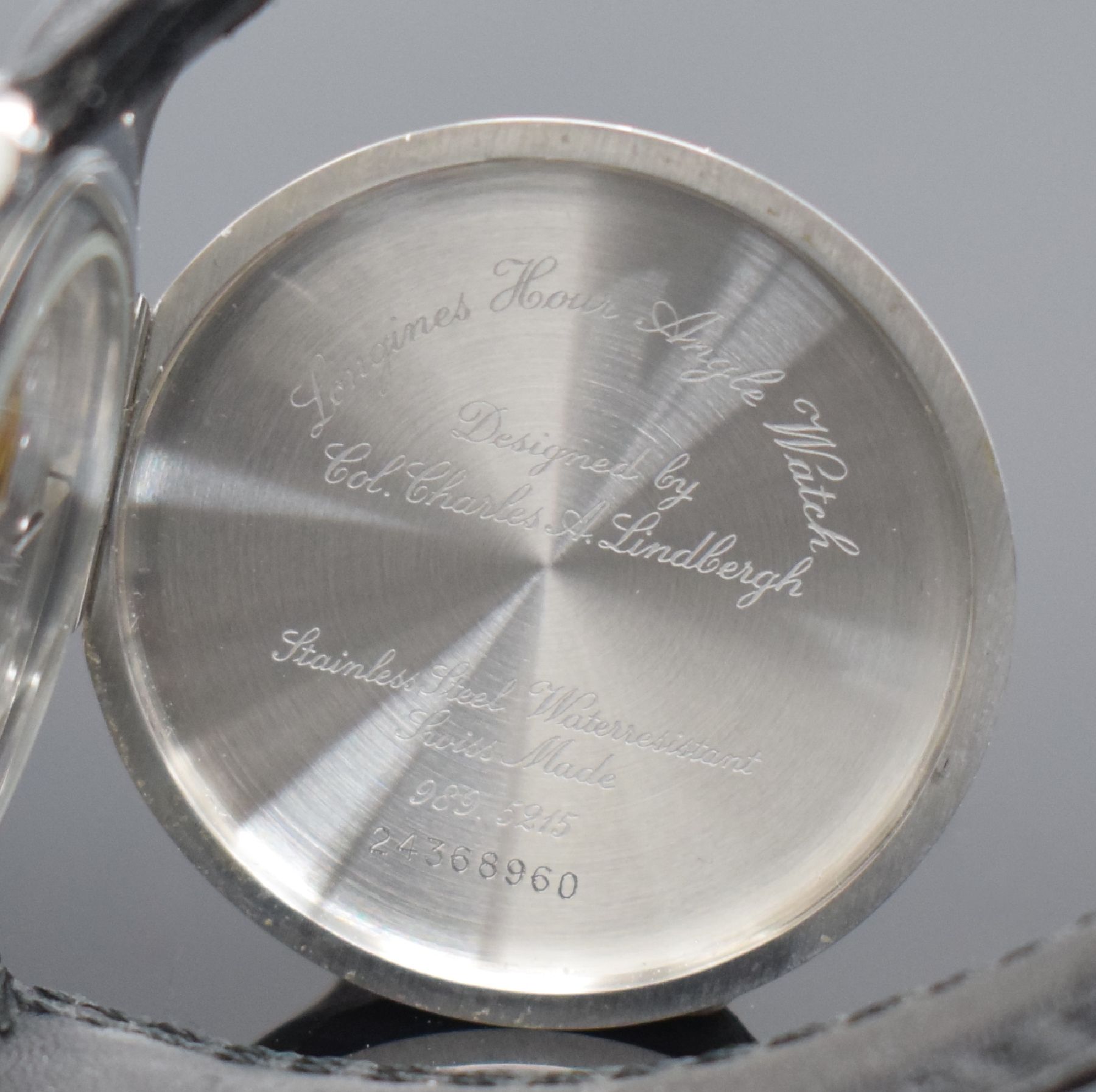Detail e: LONGINES Lindbergh Stundenwinkeluhr Referenz 989.5215, Automatik, Schweiz um 1990, Edelstahlgeh. inkl. orig. Lederband m. orig. Dornschl., Geh. nach ...