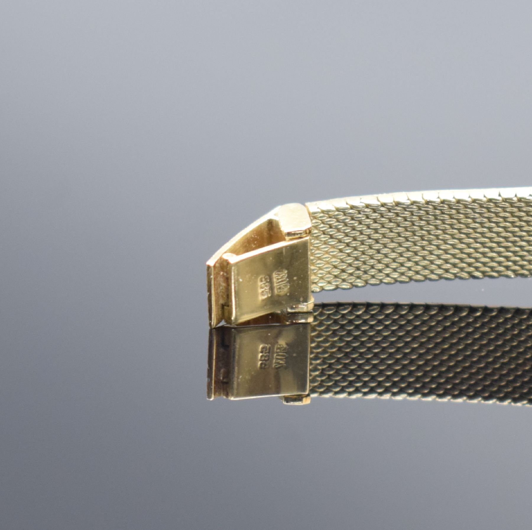 Detail d: ANKER 85 Damenarmbanduhr in GG 585/000, Handaufzug, Schweiz um 1970, Boden aufgedr., gold. Strukturzifferbl. m. aufgel. Indizes, Anz. v. Std. & Min., ...