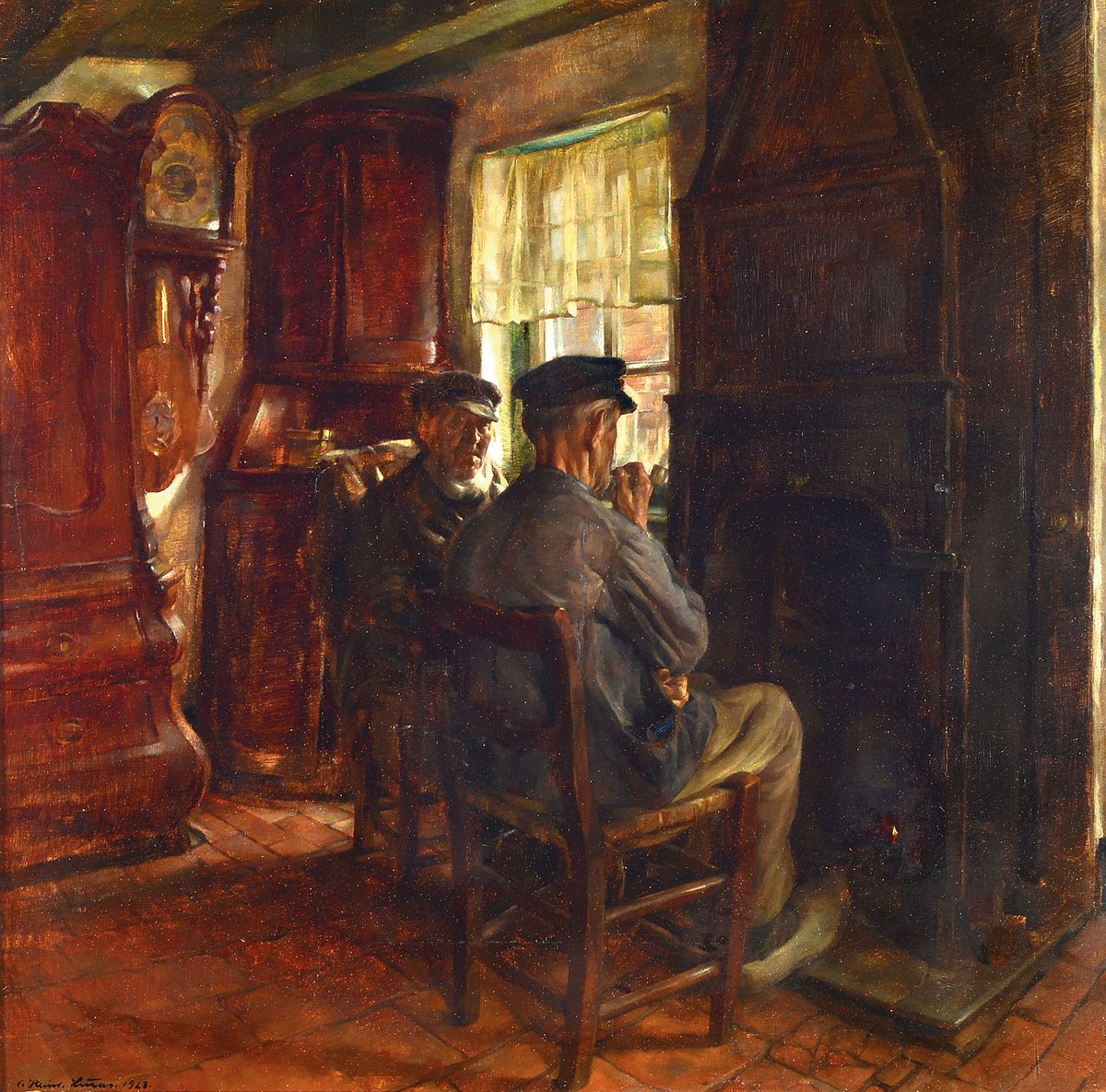 Carl Heinrich Lucas, 1896 Braunschweig-1952 Berlin, zwei Ostseefischer vorm Kamin in der Stube, seitlich ein Eckschrank, ein Aufsatzschrank und eine ...