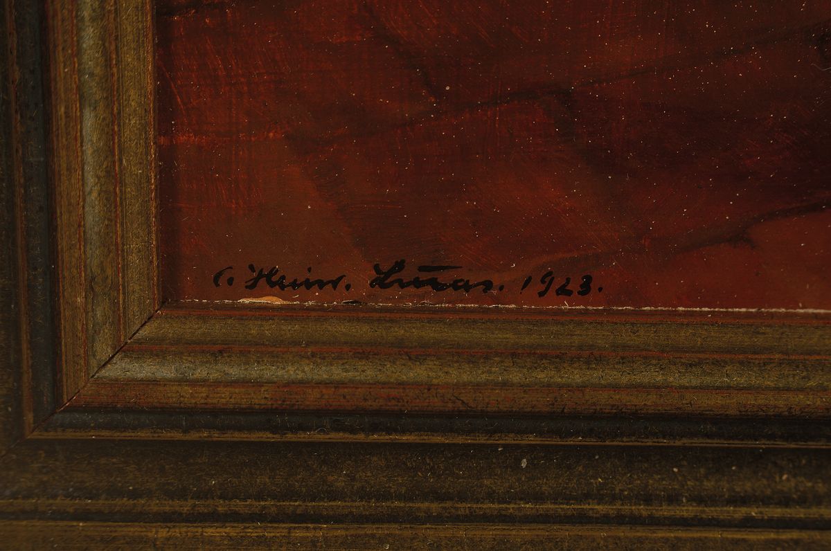 Detail a: Carl Heinrich Lucas, 1896 Braunschweig-1952 Berlin, zwei Ostseefischer vorm Kamin in der Stube, seitlich ein Eckschrank, ein Aufsatzschrank und eine ...