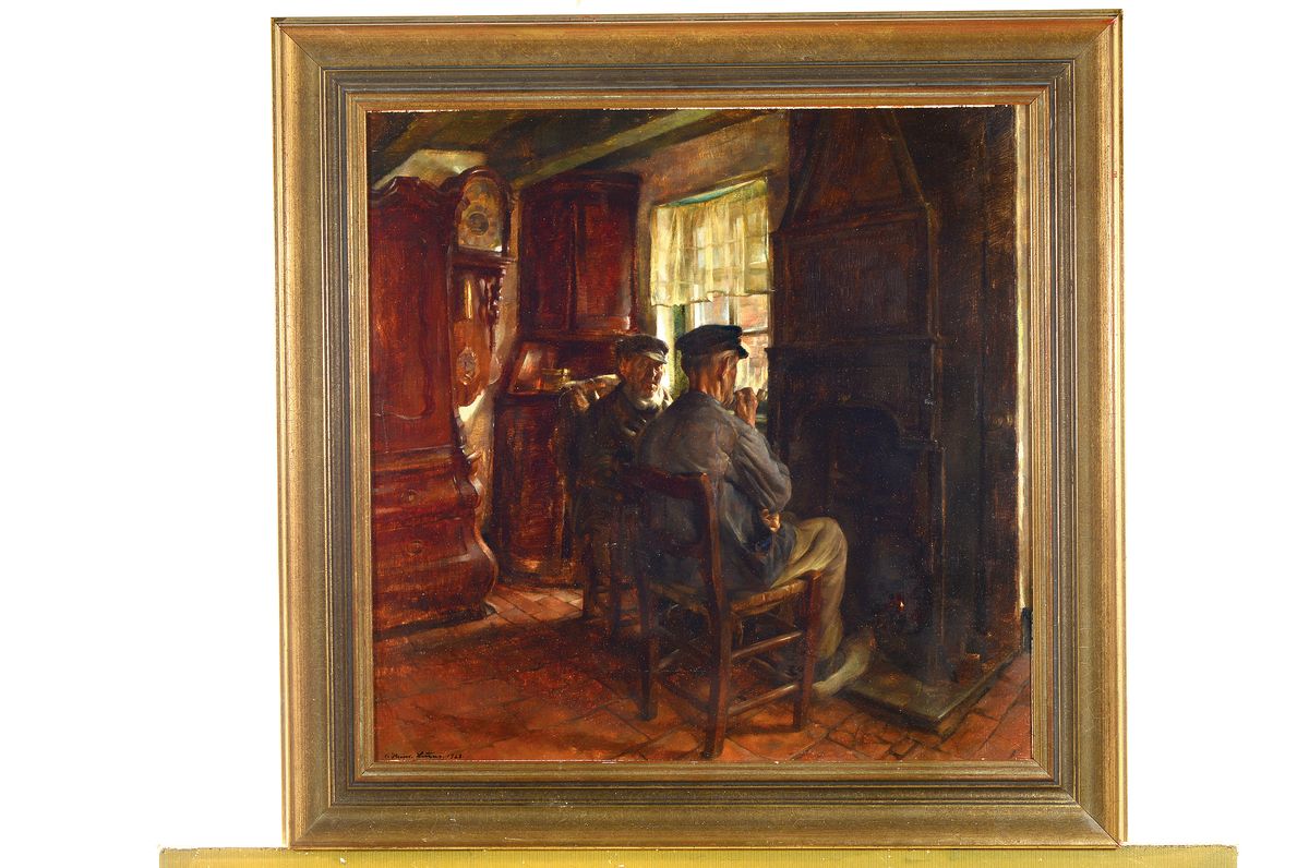 Detail k: Carl Heinrich Lucas, 1896 Braunschweig-1952 Berlin, zwei Ostseefischer vorm Kamin in der Stube, seitlich ein Eckschrank, ein Aufsatzschrank und eine ...