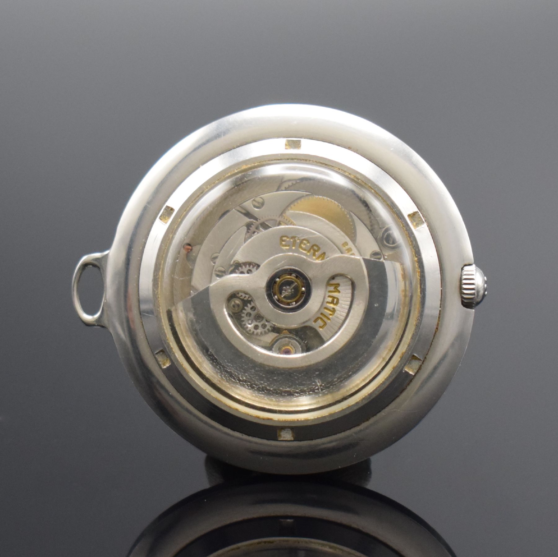 Detail c: ETERNA-MATIC Frackuhr, Schweiz um 1960, Automatik, beids. vergl. Stahlgehäuse, Boden geschr. silb. Zifferbl. m. aufges. Std.-Ind., silb. Zeiger, ...