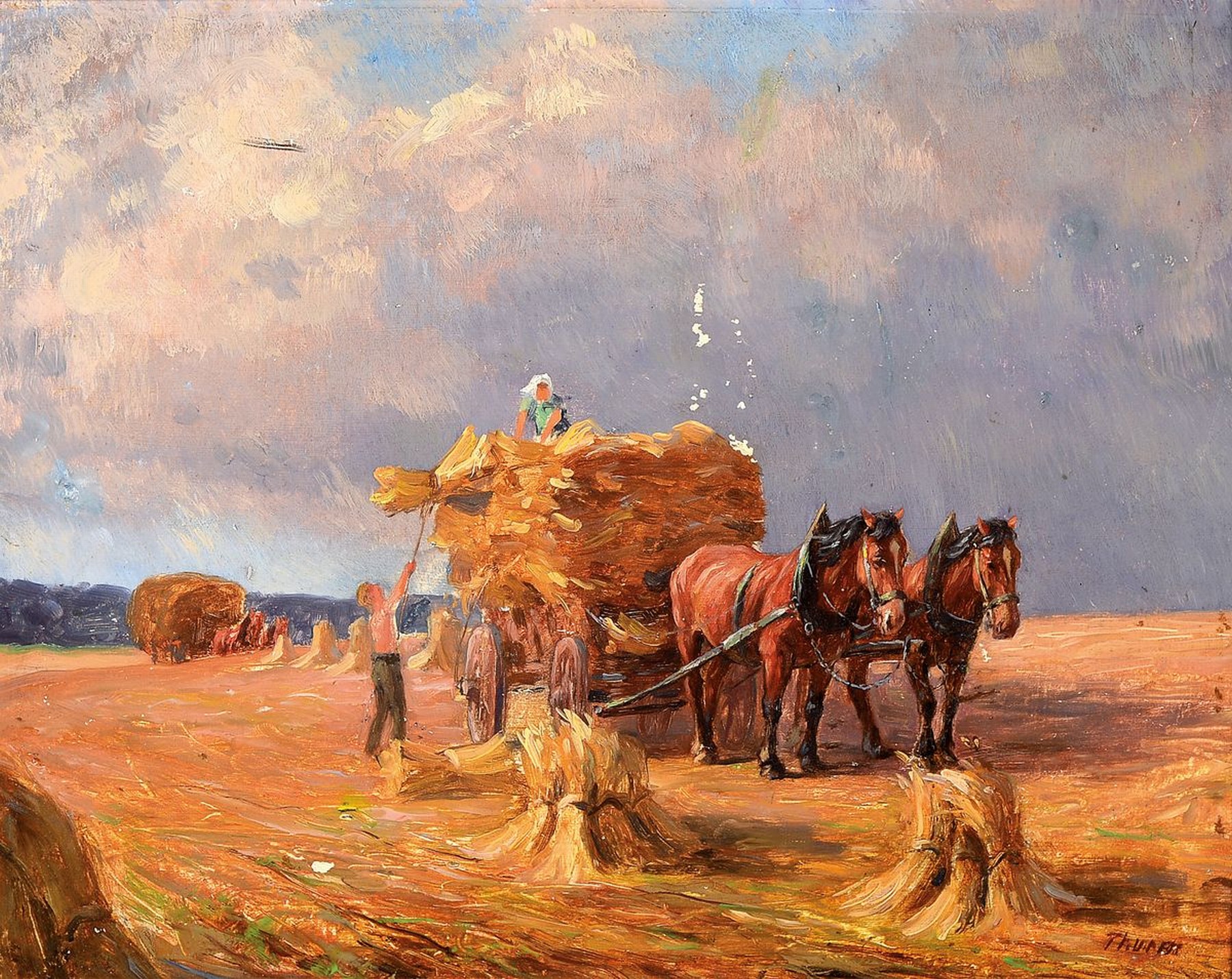 Willy Thurm, 1880 Leipzig - um 1958, Studium an den Akademien Leipzig u. Dresden, spätsommerliche Ernteszene mit Pferdefuhrwerk, Öl/Malplatte, ...