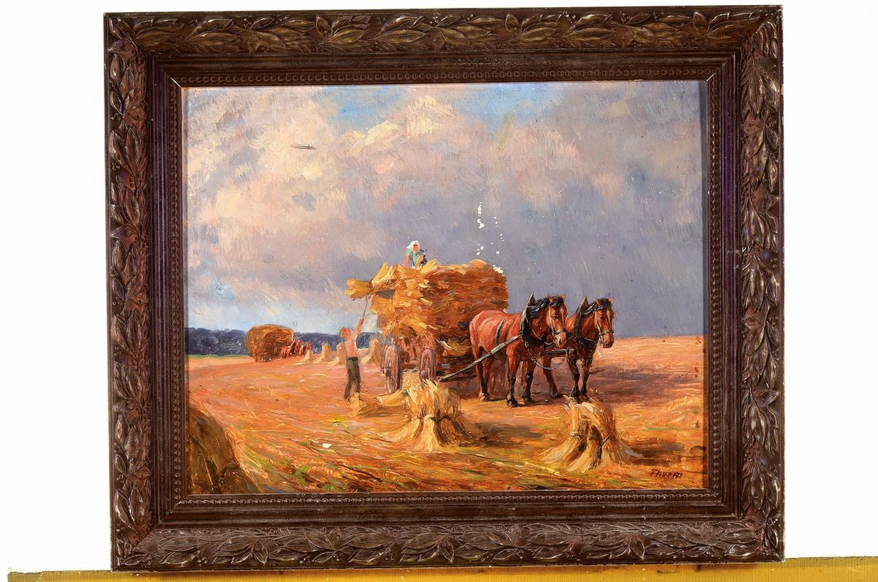 Detail k: Willy Thurm, 1880 Leipzig - um 1958, Studium an den Akademien Leipzig u. Dresden, spätsommerliche Ernteszene mit Pferdefuhrwerk, Öl/Malplatte, ...