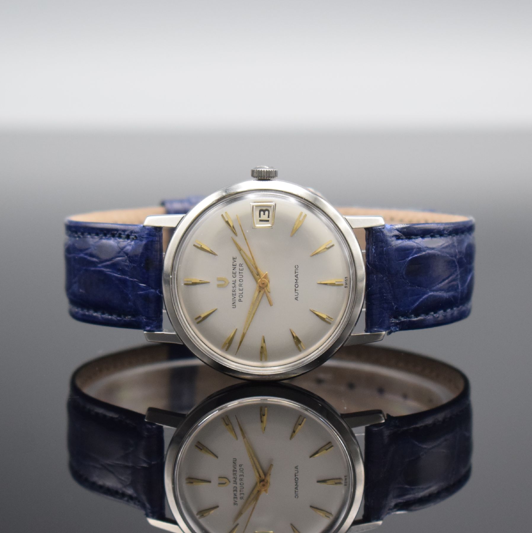 UNIVERSAL GENEVE Polerouter Herrenarmbanduhr, Automatik, Schweiz 1960er Jahre, Edelstahlgeh., Boden verschr., flache Ausführung, silb. Zifferbl. m. ...