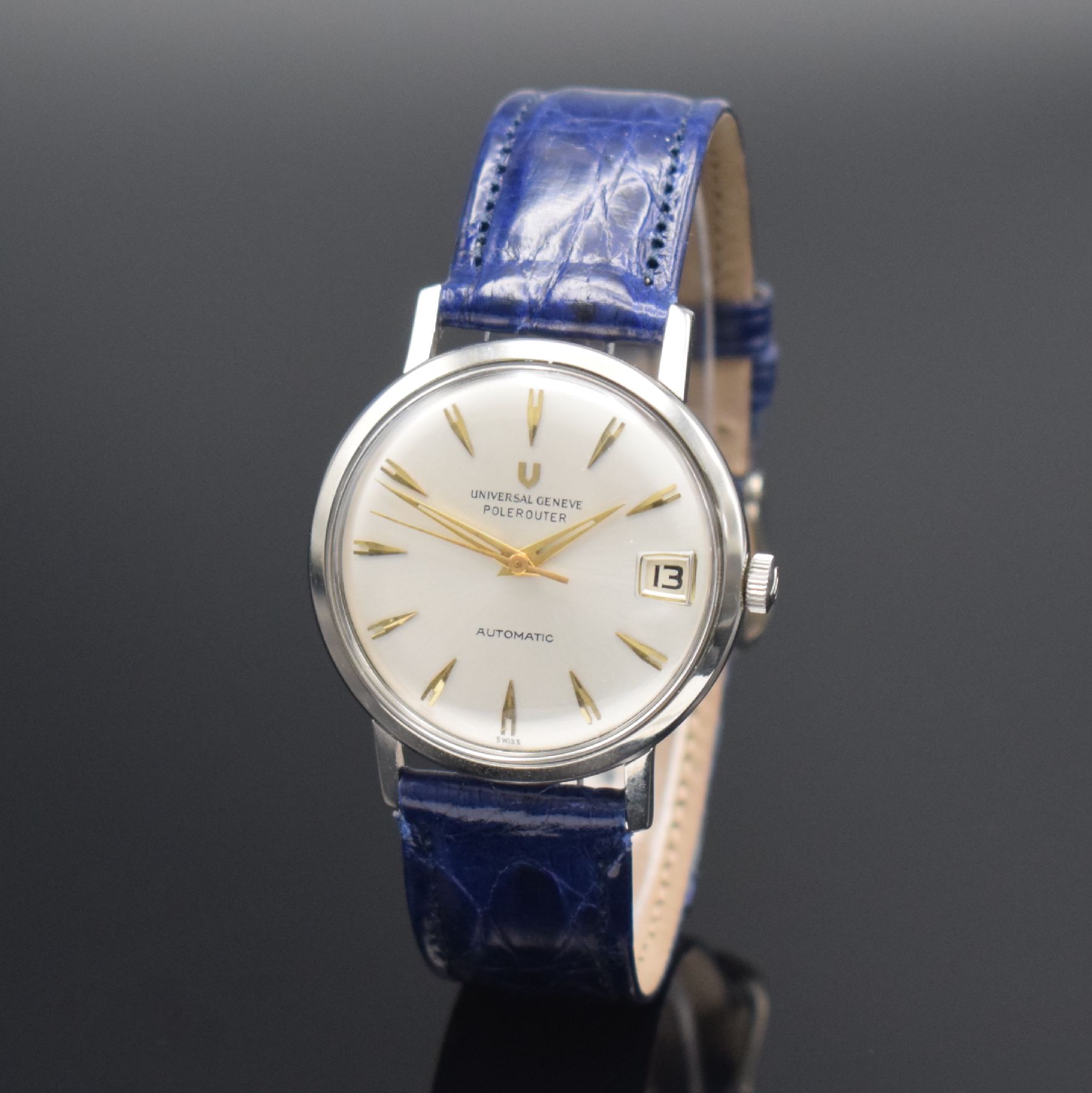 Detail b: UNIVERSAL GENEVE Polerouter Herrenarmbanduhr, Automatik, Schweiz 1960er Jahre, Edelstahlgeh., Boden verschr., flache Ausführung, silb. Zifferbl. m. ...