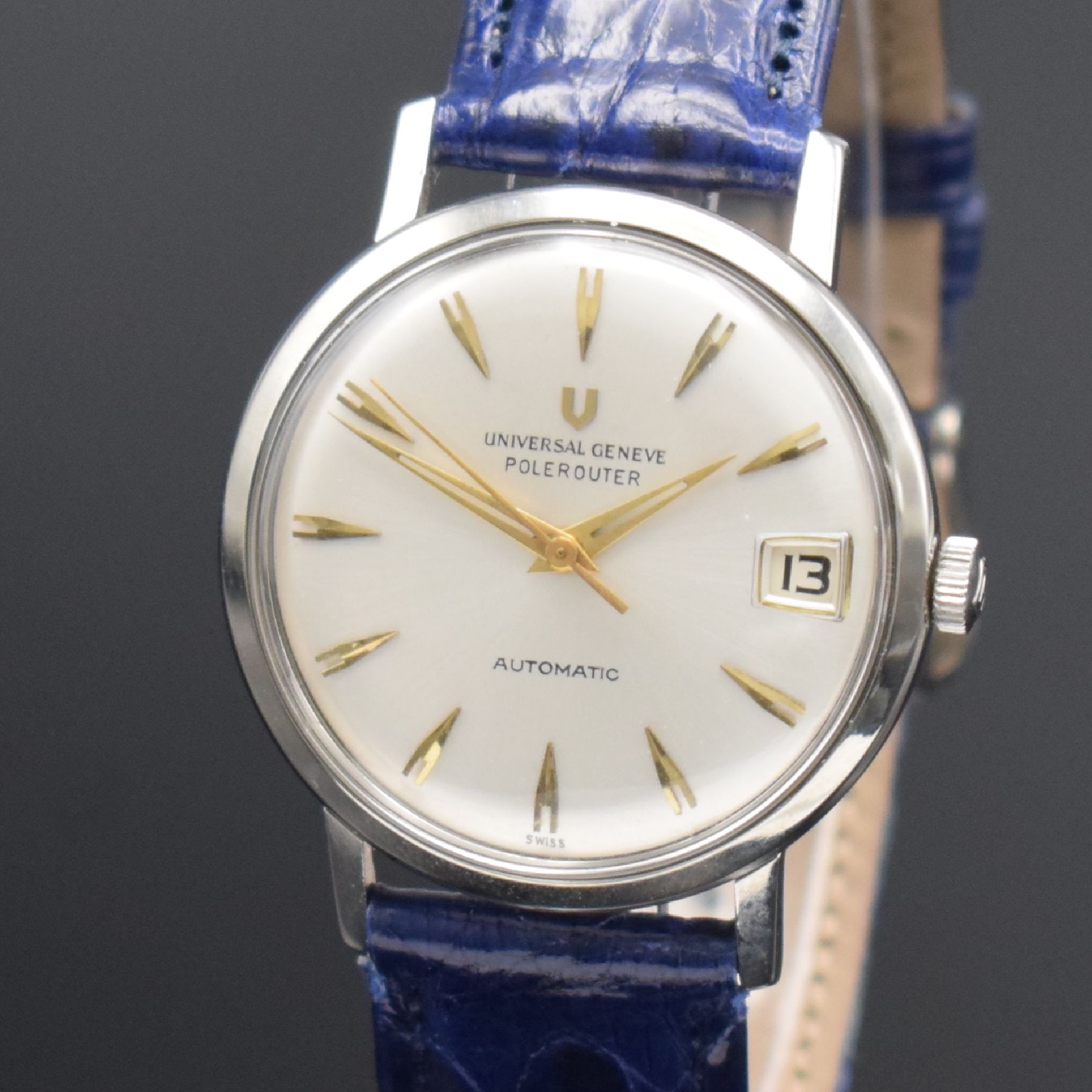 Detail c: UNIVERSAL GENEVE Polerouter Herrenarmbanduhr, Automatik, Schweiz 1960er Jahre, Edelstahlgeh., Boden verschr., flache Ausführung, silb. Zifferbl. m. ...
