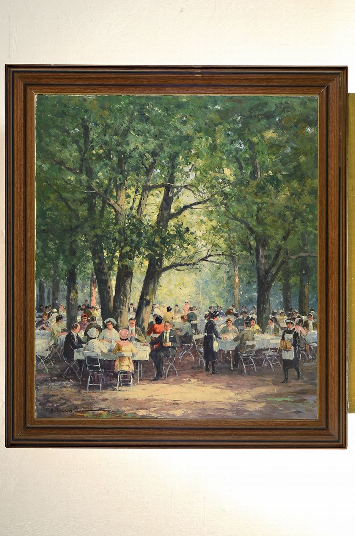 Detail k: Karl Mohr, 1922 - 2013, Biergartenansicht mit reicher Figurenstaffage, Öl/Lwd, links unten signiert, R., 80 x 70 cm