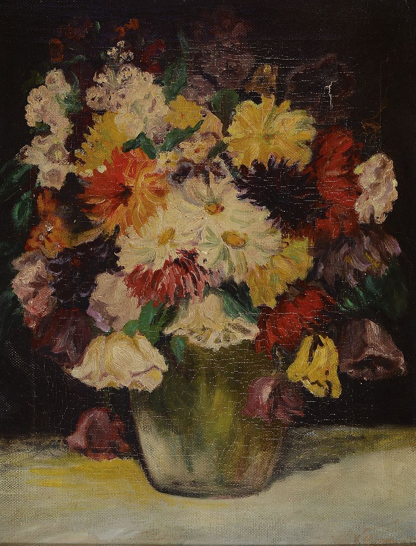 Unbekannter Künstler, Blumenstillleben in Vase, Öl/Lwd, rest., rechts unten unleserlich signiert, ca. 50 x 40 cm