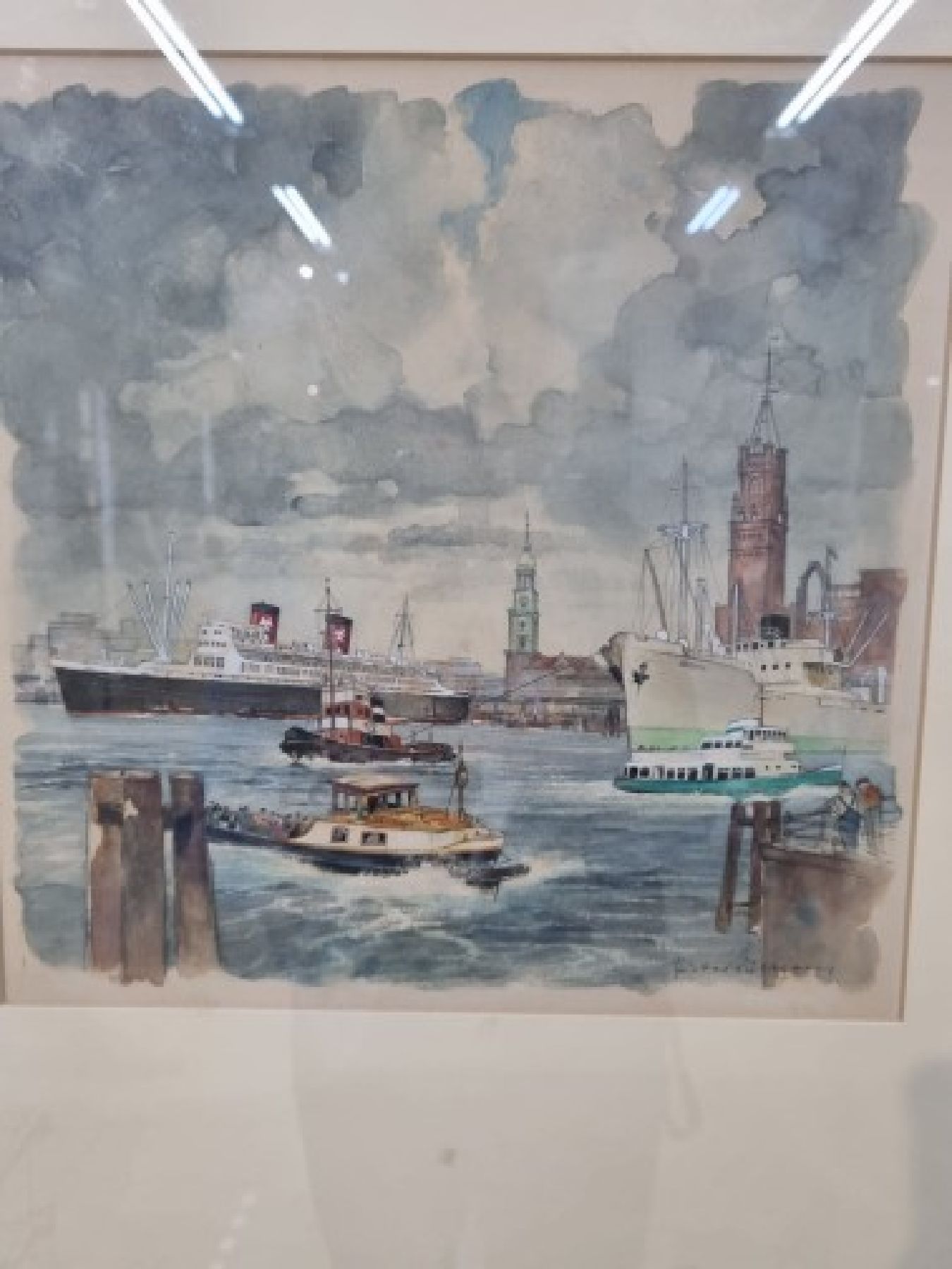 Detail d: Gustav Lüttgens, geb. 1898, zwei Aquarelle, a. Hamburger Hafen mit Schiffen und Personen, handsigniert, ca. 30 x 30 cm, PP., Rahmen, b. ...