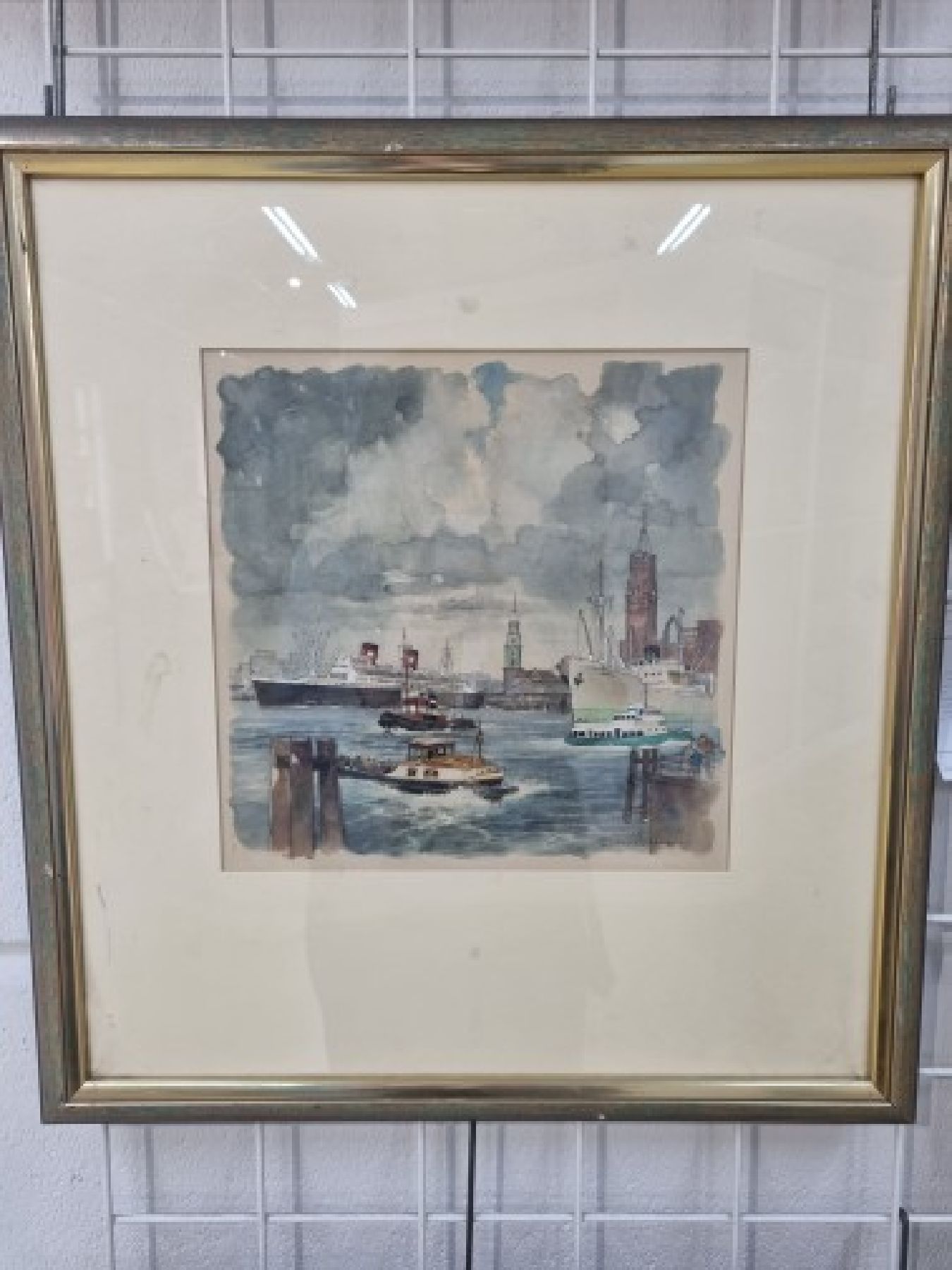 Detail e: Gustav Lüttgens, geb. 1898, zwei Aquarelle, a. Hamburger Hafen mit Schiffen und Personen, handsigniert, ca. 30 x 30 cm, PP., Rahmen, b. ...