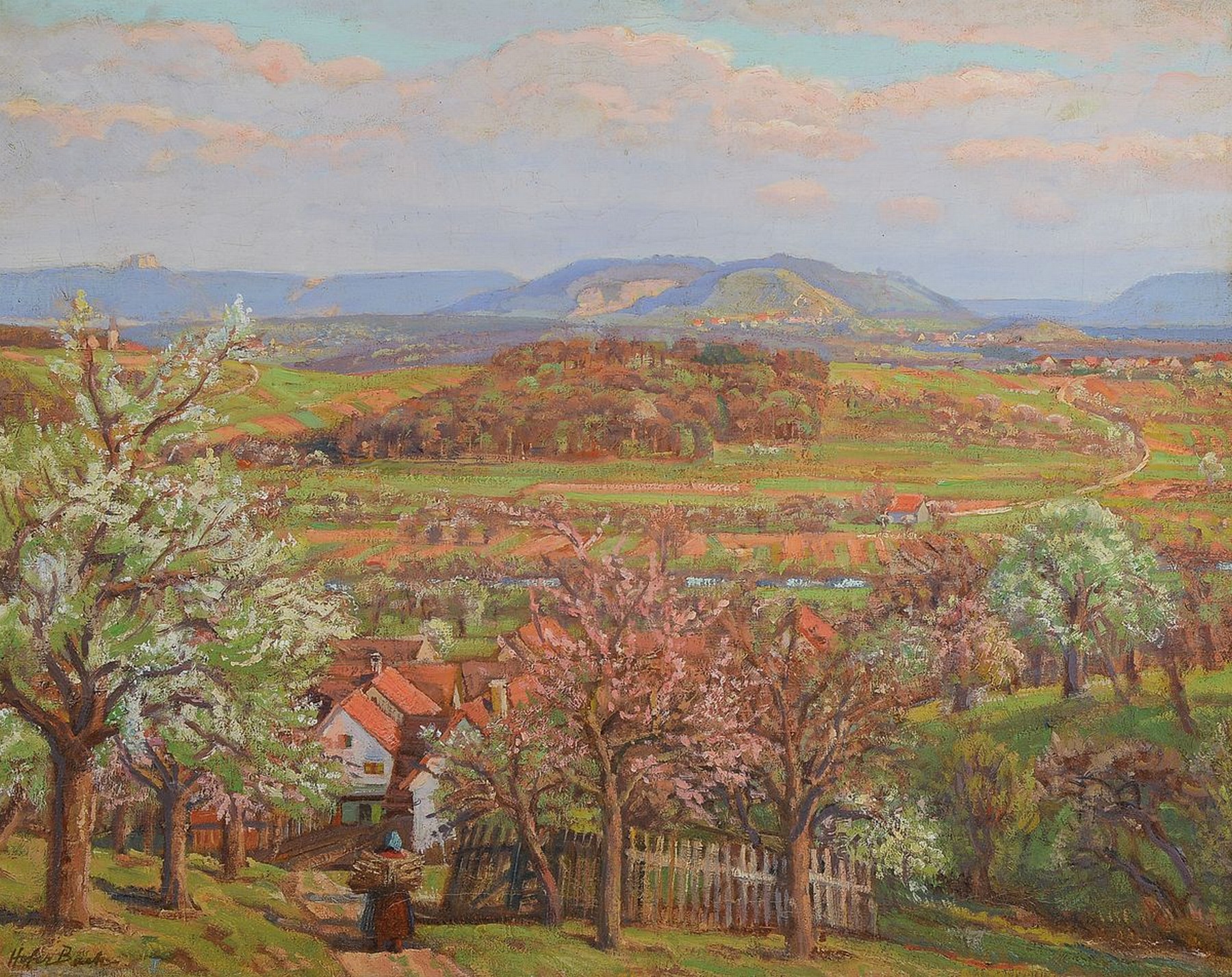Otto Hofer-Bach, 1897 Oberndorf am Neckar - 1970 Stuttgart, Frühlingslandschaft mit Blick auf die Alb, Öl/Lwd, signiert, ca. 58 x 74 cm, Rahmen l. ...