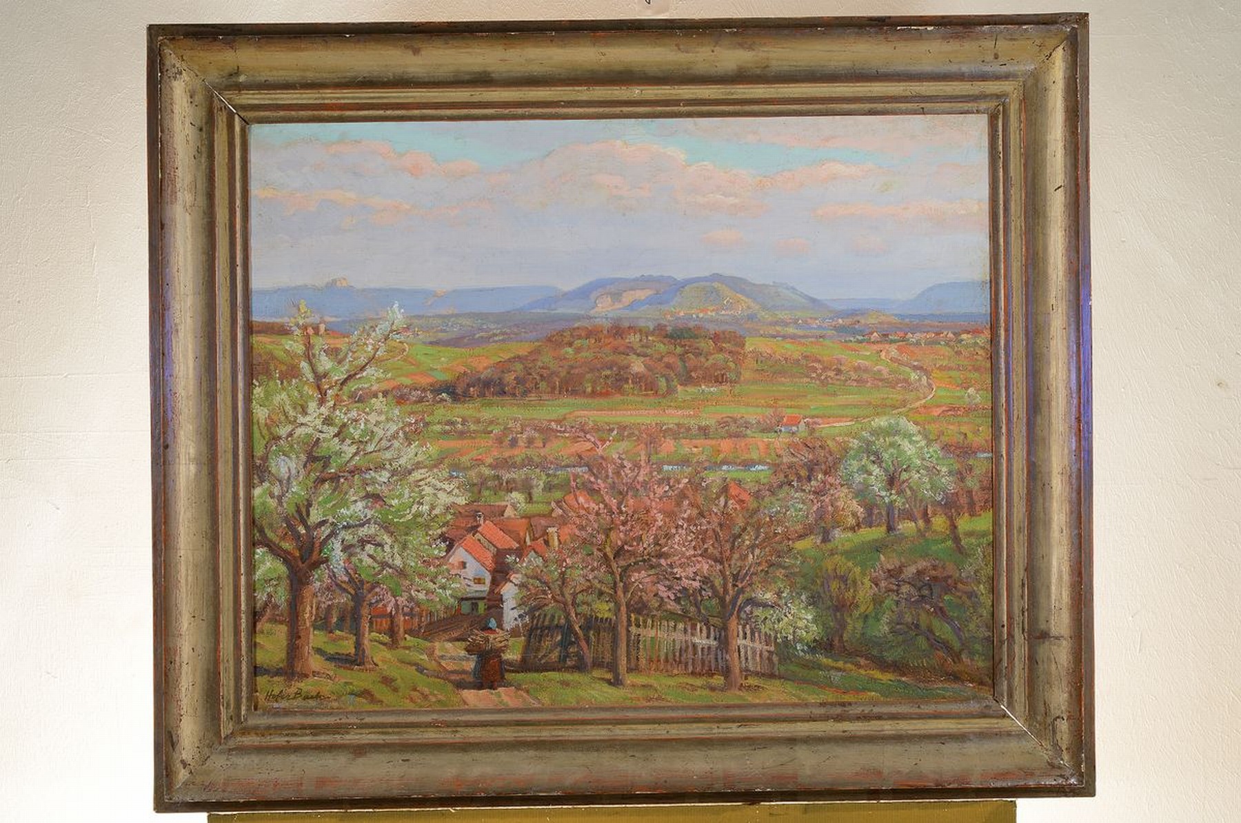 Detail k: Otto Hofer-Bach, 1897 Oberndorf am Neckar - 1970 Stuttgart, Frühlingslandschaft mit Blick auf die Alb, Öl/Lwd, signiert, ca. 58 x 74 cm, Rahmen l. ...