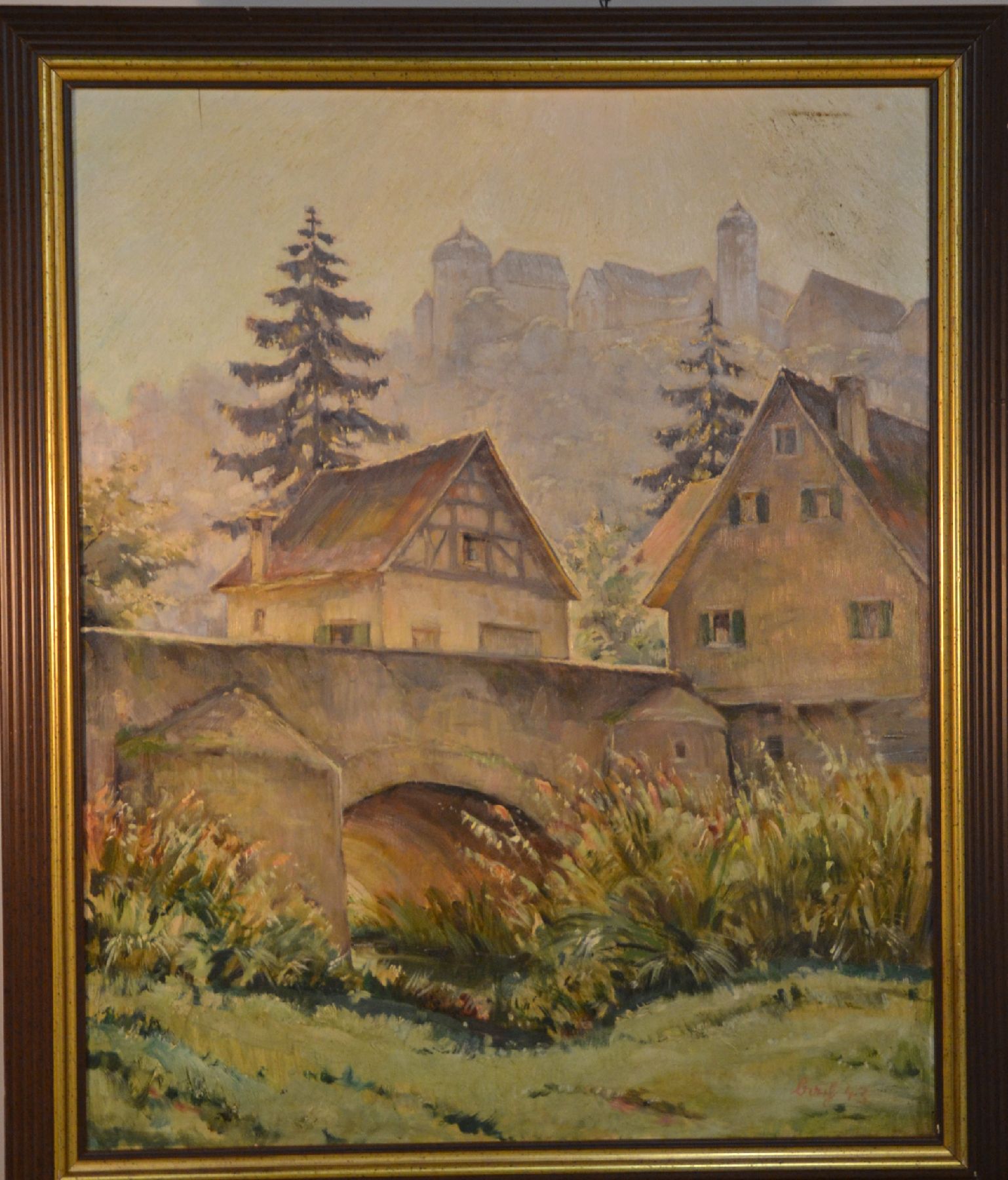 Fritz Bach, 1890-?, Ansicht Harburgs mit derBurg, Blick über die Steinerne Brücke an der Wörnitz, Öl/Lwd, rechts unten signiert und datiert 43, ...