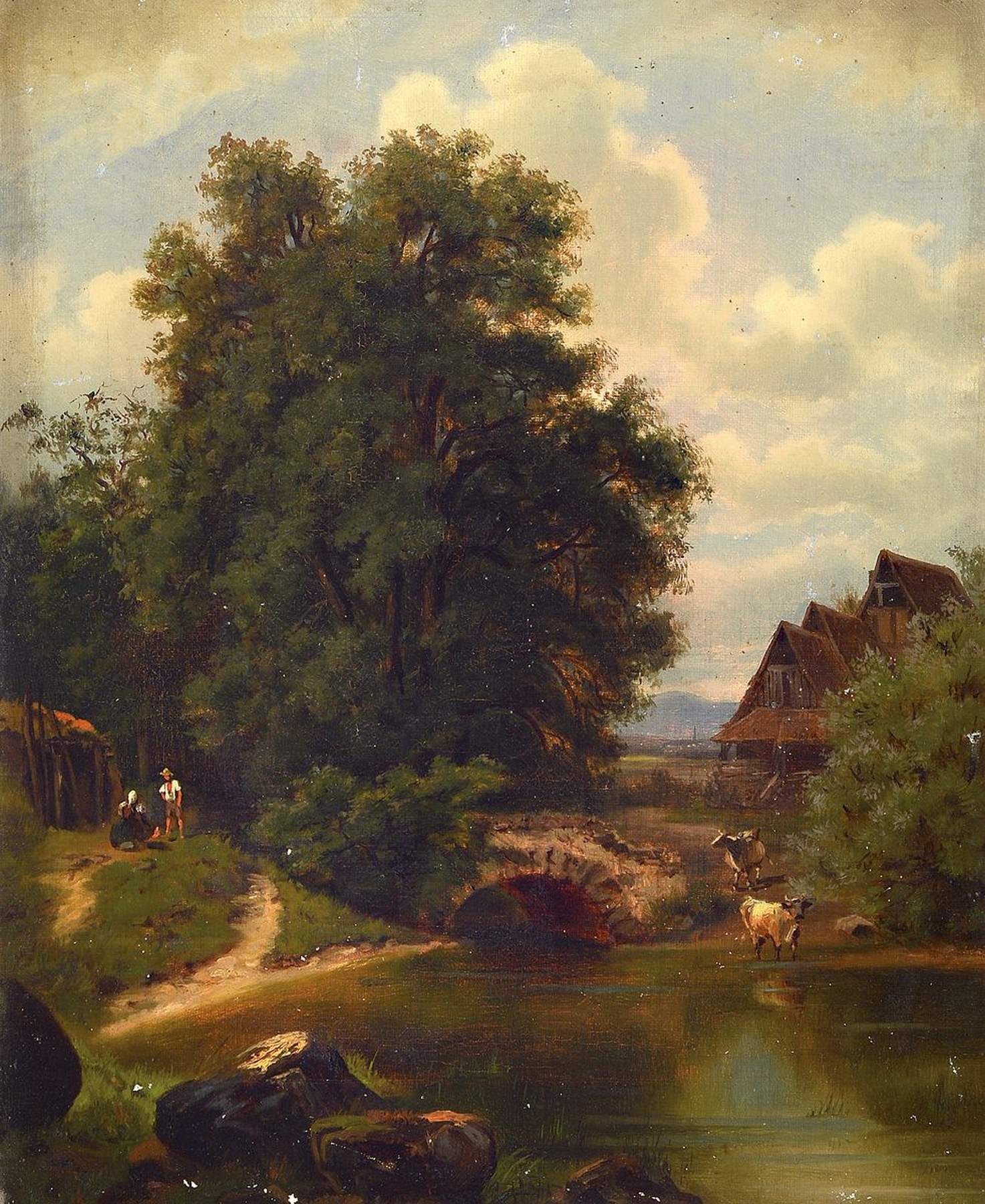 Unbekannter Künstler des 19.Jh., idyllisch, bäuerliche Landschaft mit Personen- u. Tierstaffage, unsigniert, rest., best., Öl/Lwd, R. ca. 48x41 cm