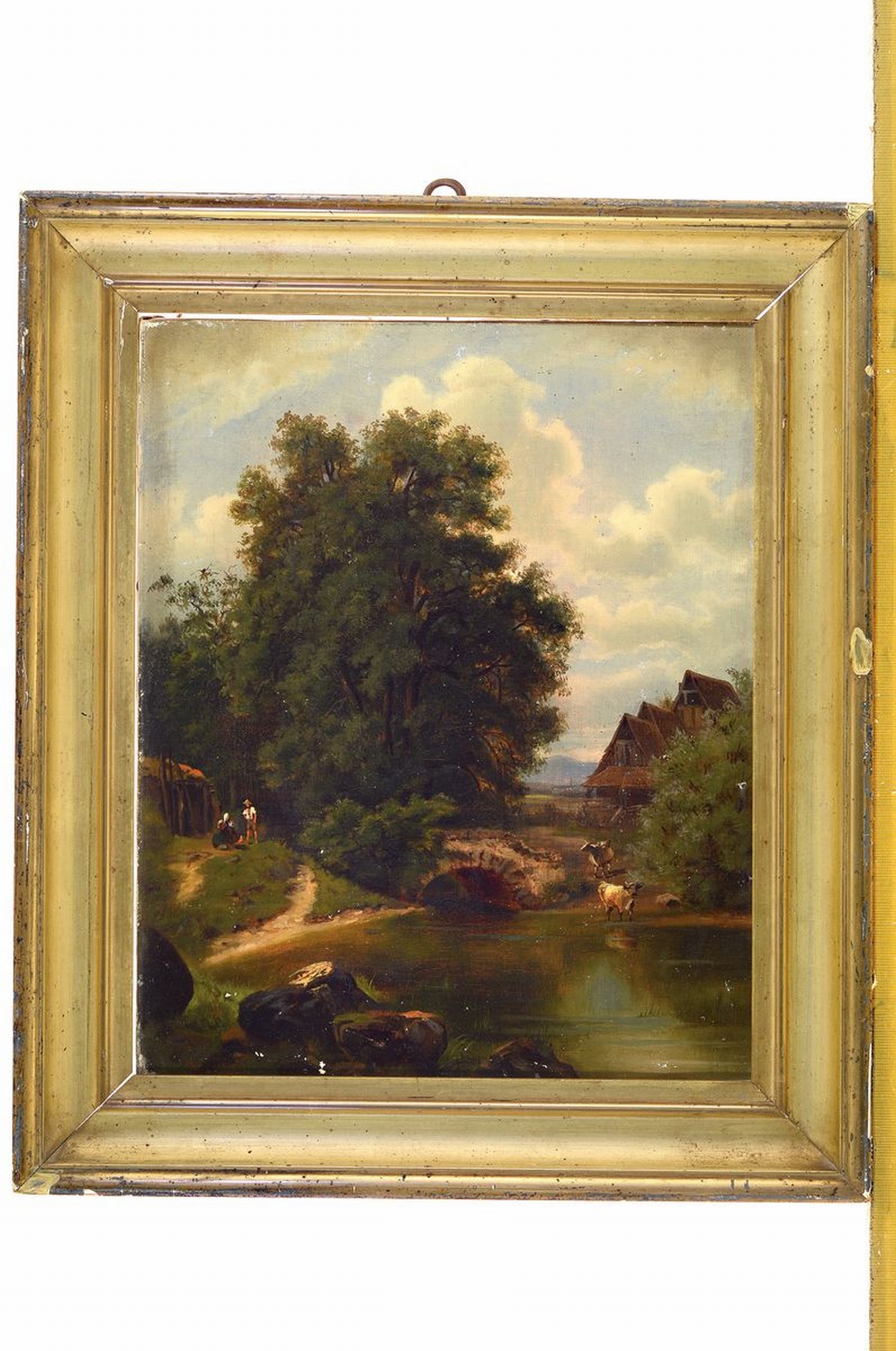 Detail k: Unbekannter Künstler des 19.Jh., idyllisch, bäuerliche Landschaft mit Personen- u. Tierstaffage, unsigniert, rest., best., Öl/Lwd, R. ca. 48x41 cm