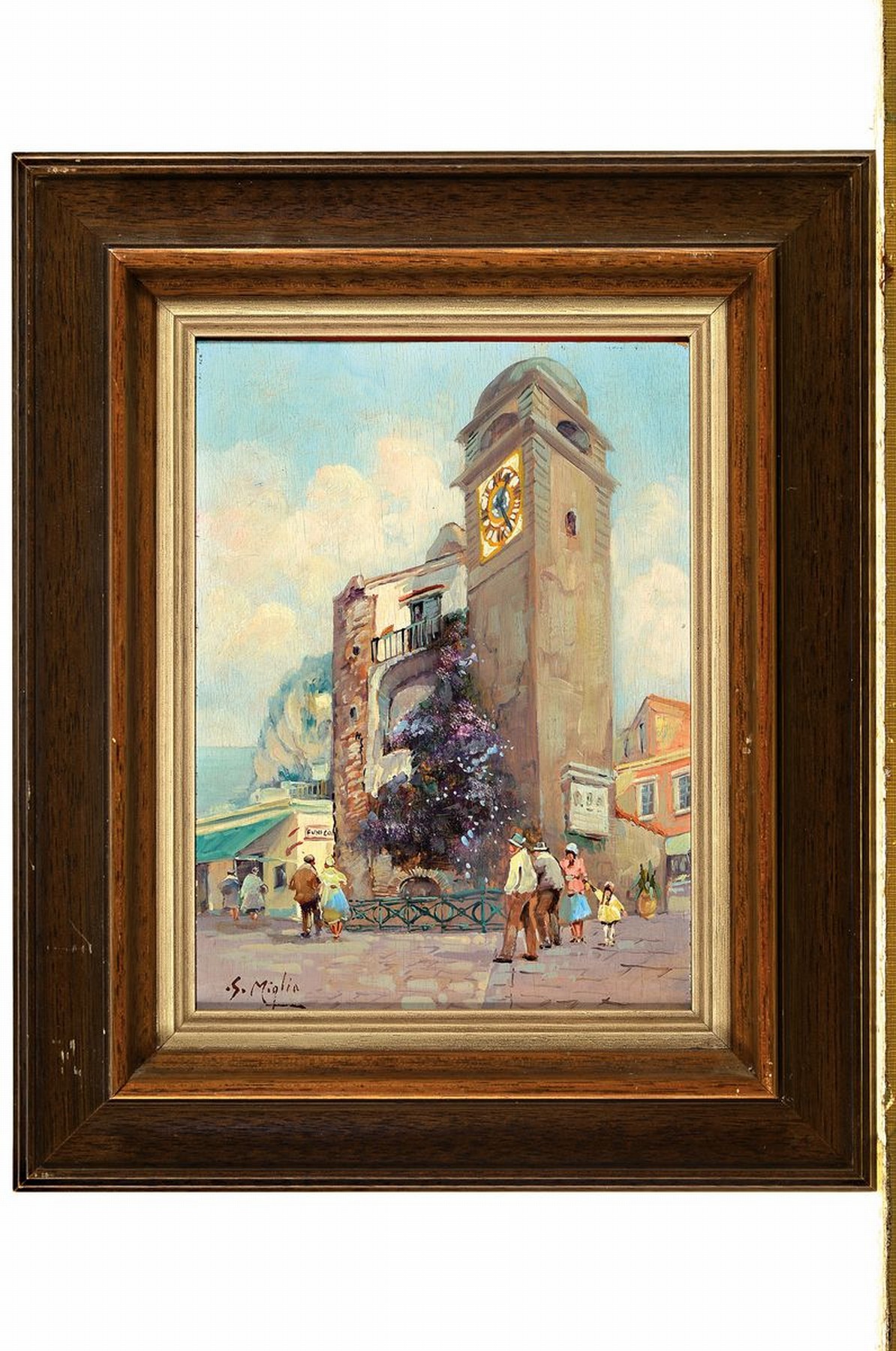 Detail k: S. Miglia, Künstler des 20.Jh., städtisches Treiben in einer südlichen Stadt, Öl/Holz, links unten signiert, R., ca. 37x80 cm