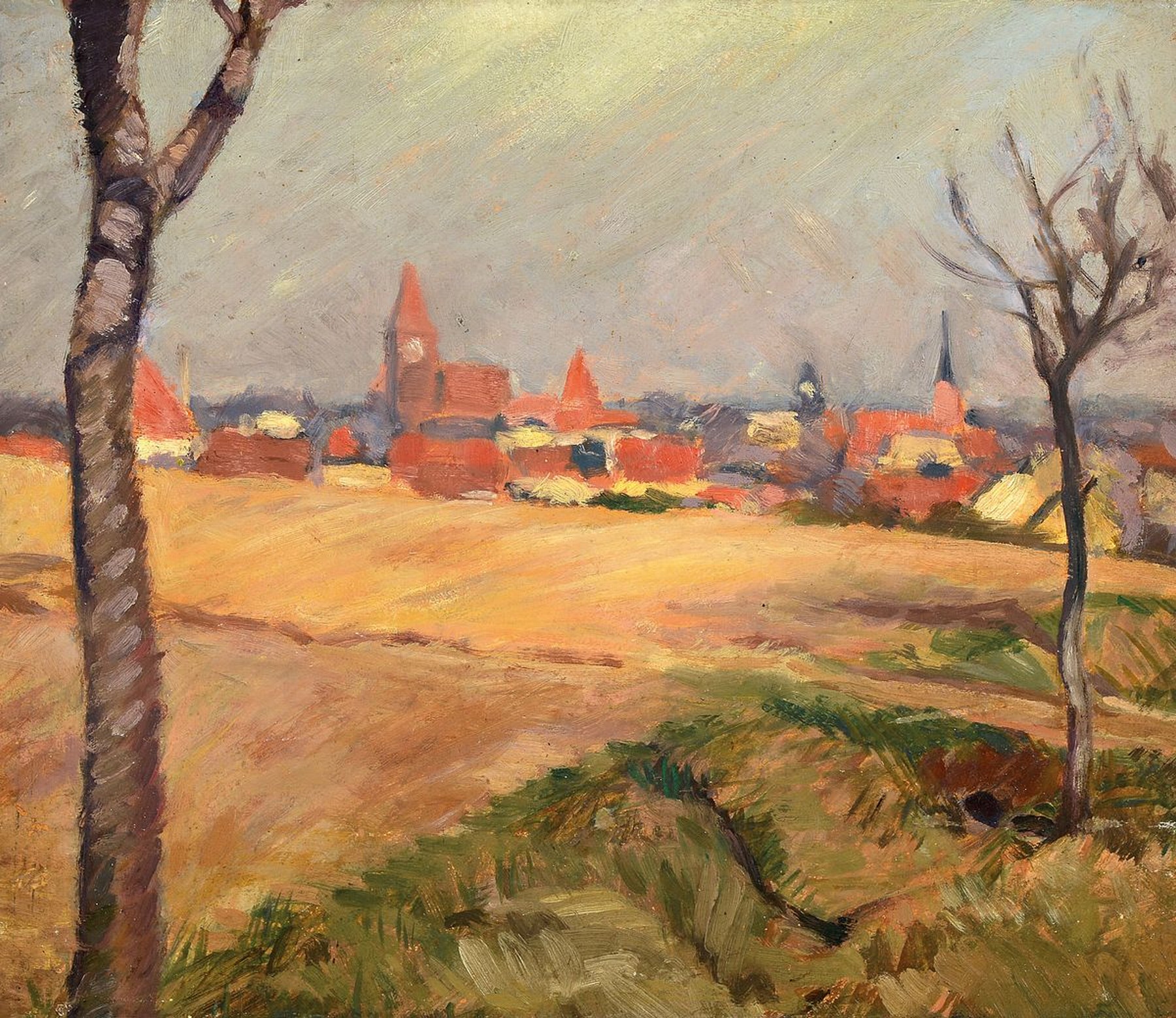 Unbekannter Künstler des 19./20.Jh., Ölstudie: Blick über ein Feld auf die Kulisse des schlesischen Langenwaldau, verso als Zuschreibung an Ernst ...