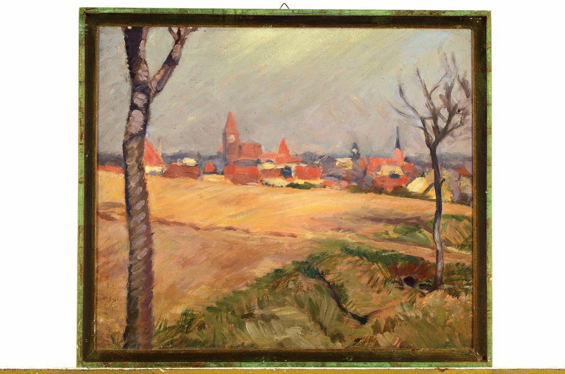 Detail k: Unbekannter Künstler des 19./20.Jh., Ölstudie: Blick über ein Feld auf die Kulisse des schlesischen Langenwaldau, verso als Zuschreibung an Ernst ...