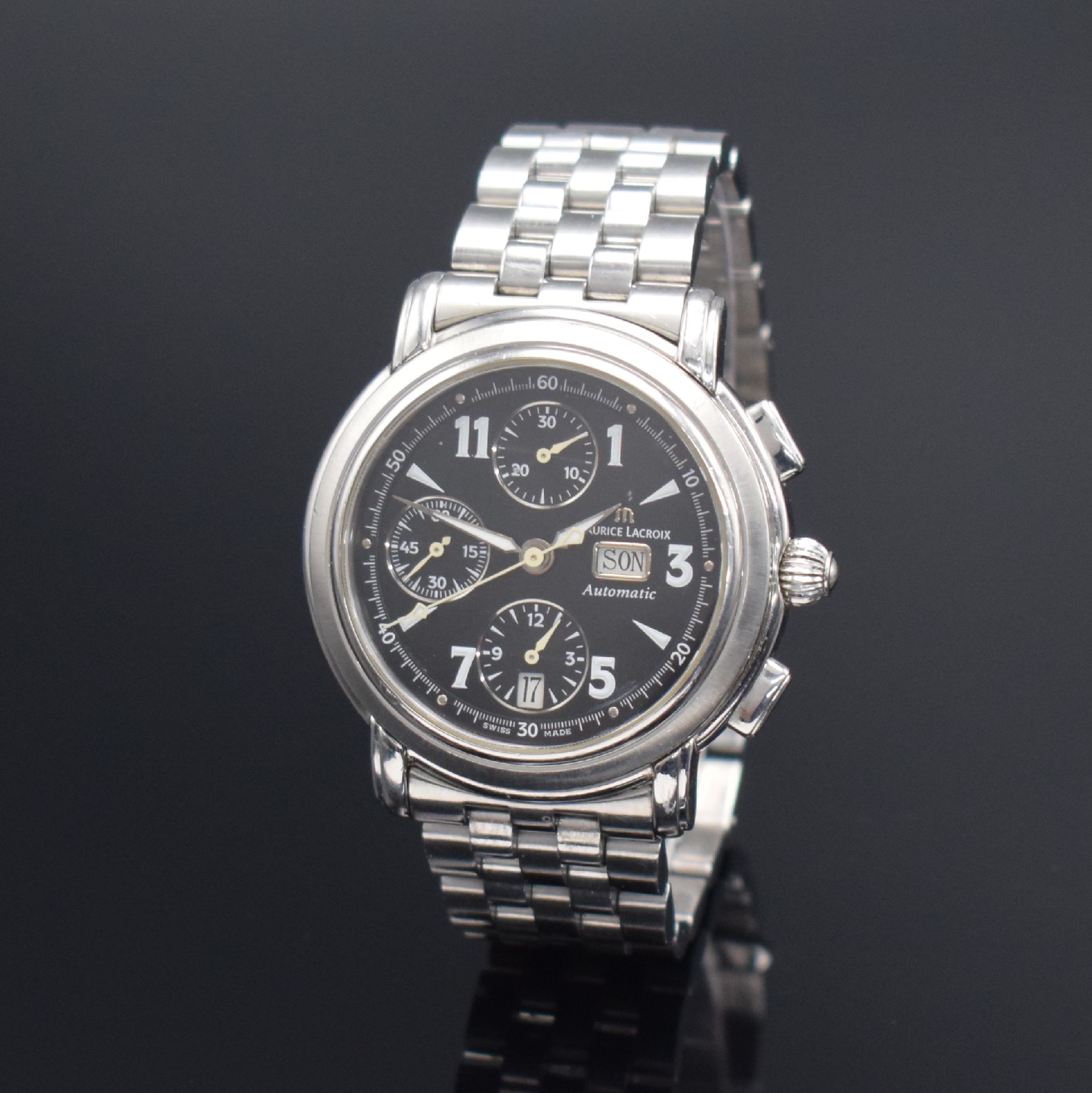 MAURICE LACROIX Herrenarmbanduhr Masterpiece Croneo mit Chronograph in Stahl, Schweiz um 2010, Automatik, Ref. MP6318, beids. vergl. Geh., Boden ...