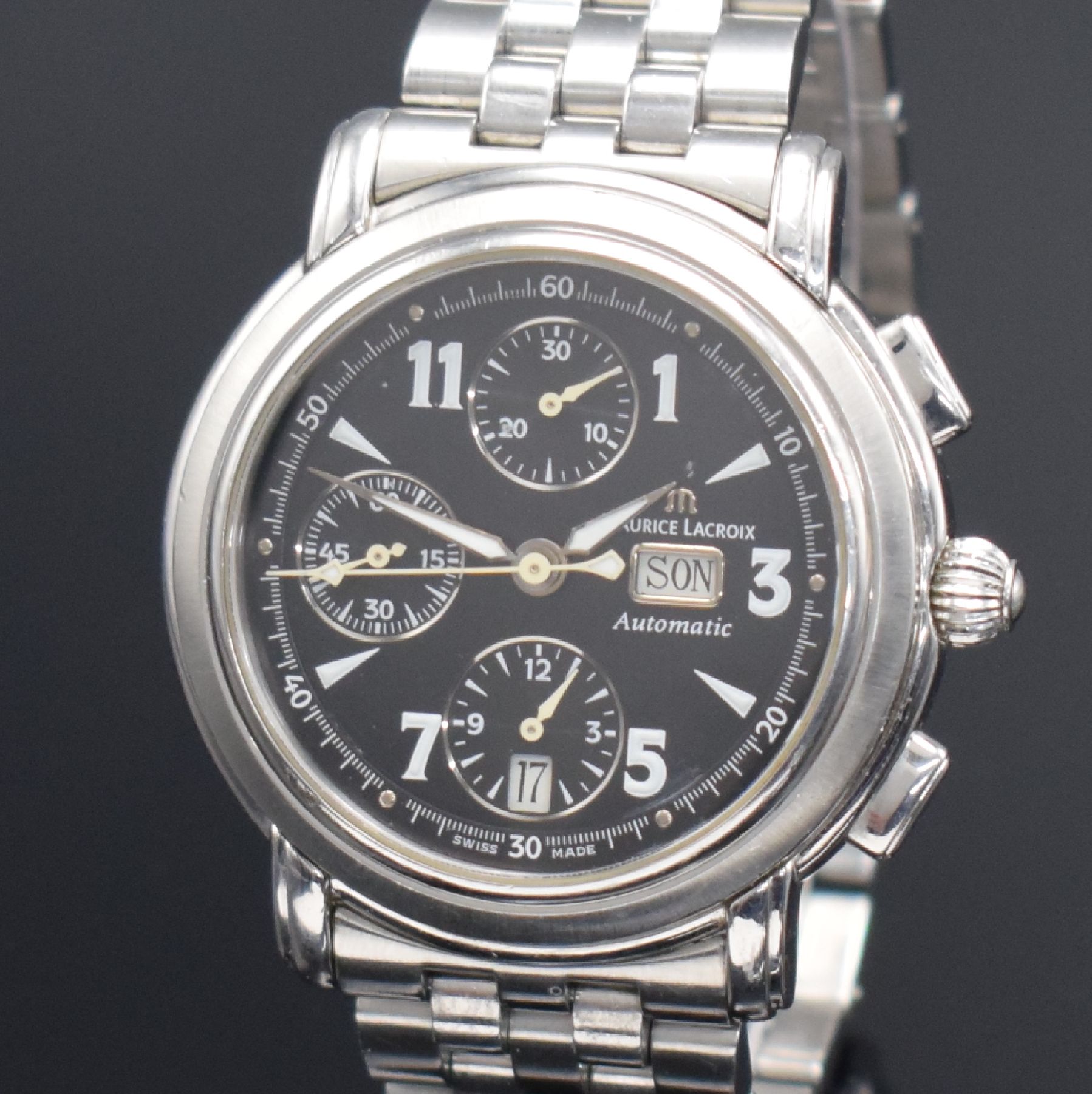 Detail a: MAURICE LACROIX Herrenarmbanduhr Masterpiece Croneo mit Chronograph in Stahl, Schweiz um 2010, Automatik, Ref. MP6318, beids. vergl. Geh., Boden ...
