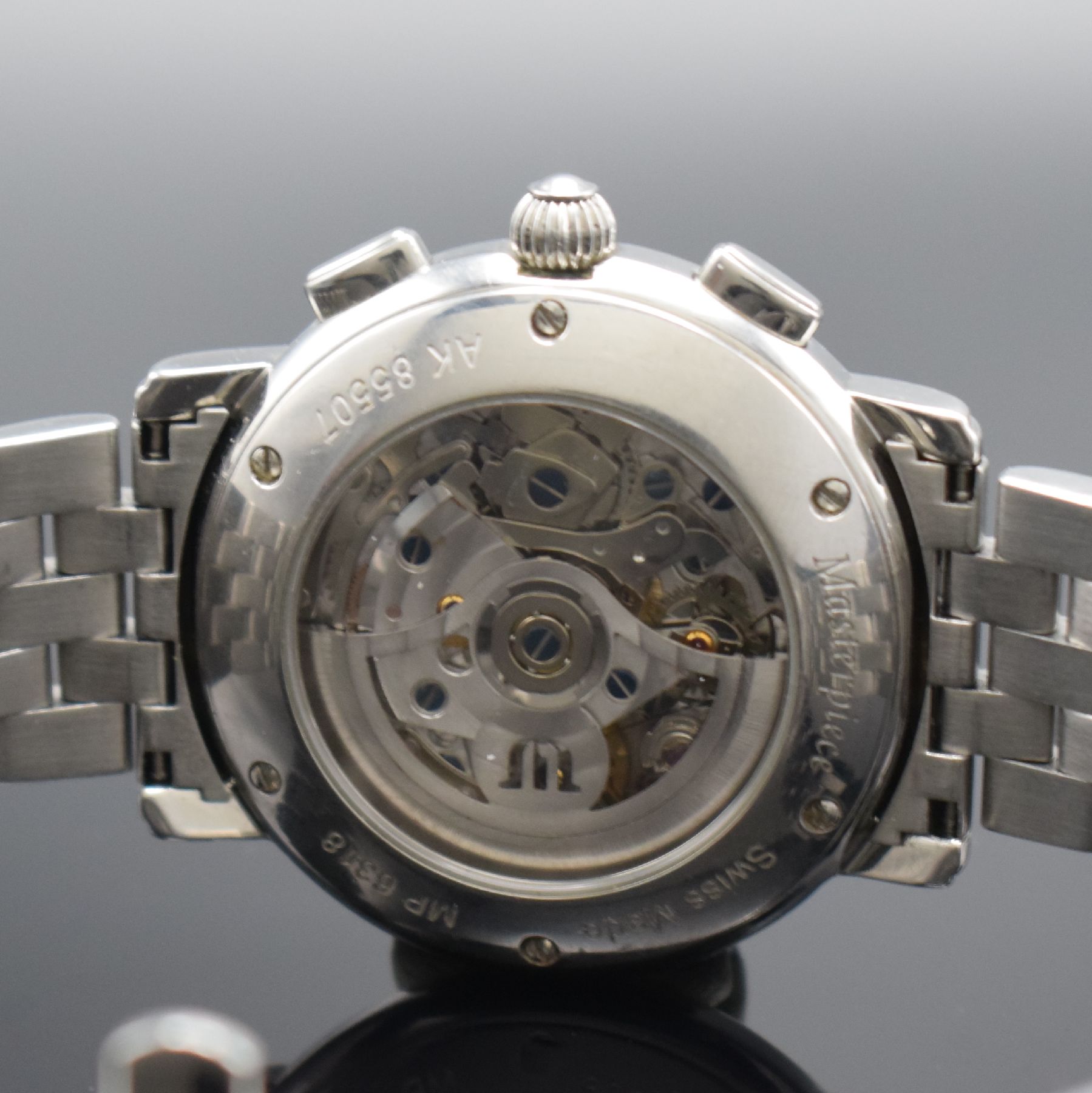 Detail c: MAURICE LACROIX Herrenarmbanduhr Masterpiece Croneo mit Chronograph in Stahl, Schweiz um 2010, Automatik, Ref. MP6318, beids. vergl. Geh., Boden ...