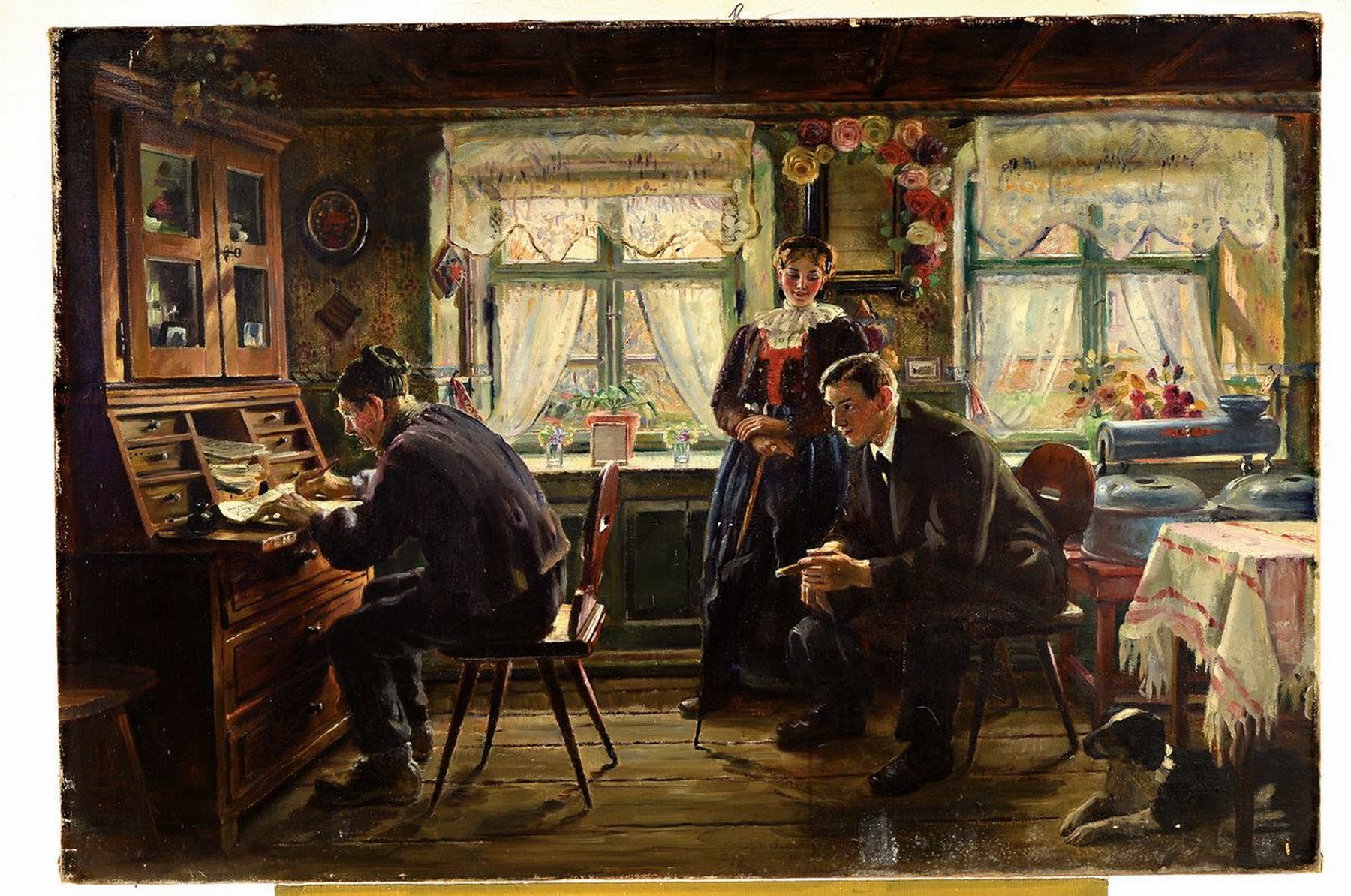 Detail k: Carl Kricheldorf, 1863 Celle - 1934 München, Studium an der Münchener Akademie, Schüler von Raab, Hackl und Löfftz, hier: Interieur in der Stube, ...