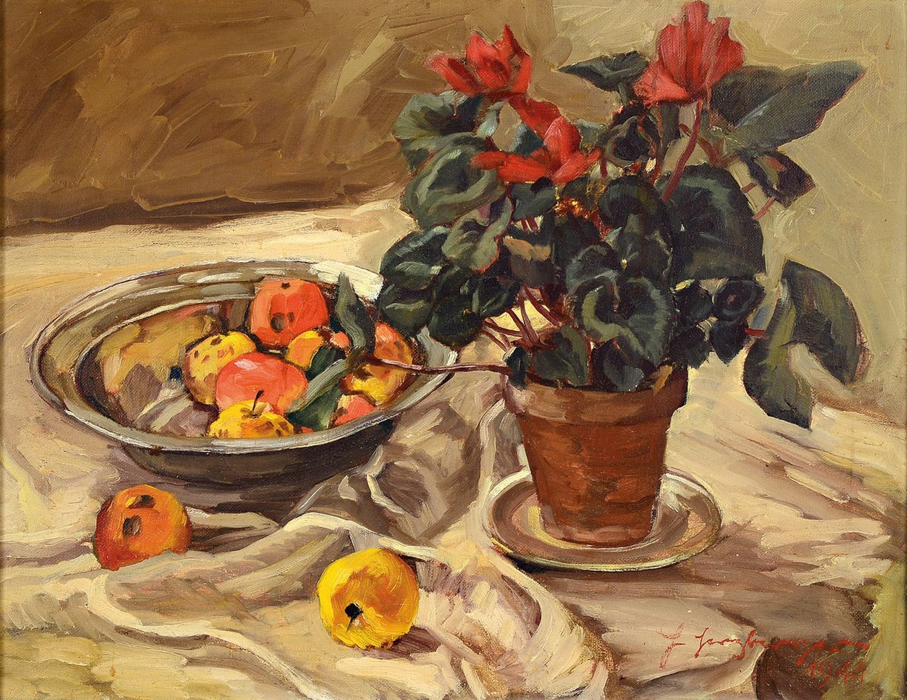 H. Herzberger o.ä., dat. 1941, Stillleben mit Alpenveilchen und Obst, Öl/Lwd, re. unten rot signiert, ca. 50 x 65 cm, Rahmen ca. 63.5 x 78 cm, l. ...