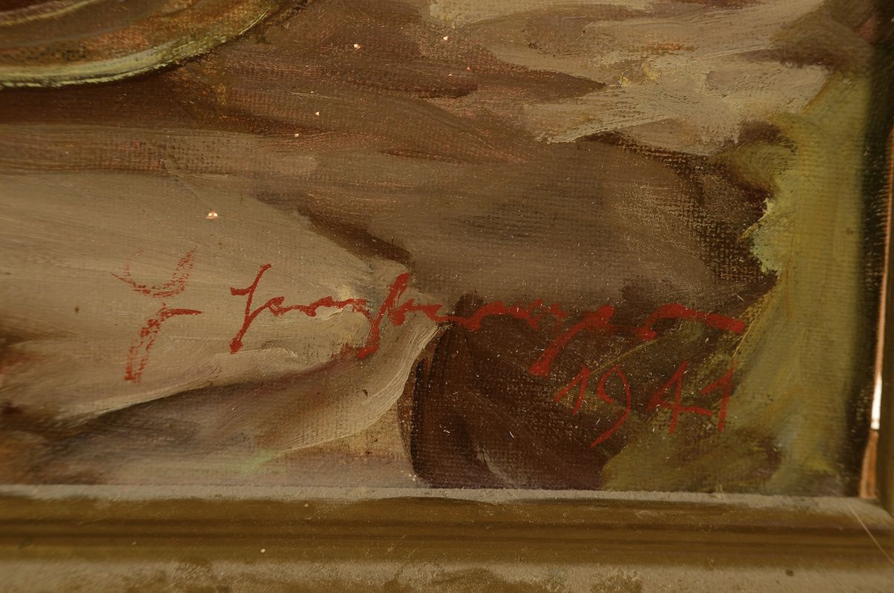 Detail a: H. Herzberger o.ä., dat. 1941, Stillleben mit Alpenveilchen und Obst, Öl/Lwd, re. unten rot signiert, ca. 50 x 65 cm, Rahmen ca. 63.5 x 78 cm, l. ...