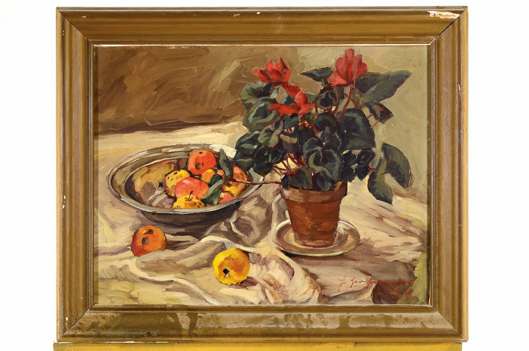 Detail k: H. Herzberger o.ä., dat. 1941, Stillleben mit Alpenveilchen und Obst, Öl/Lwd, re. unten rot signiert, ca. 50 x 65 cm, Rahmen ca. 63.5 x 78 cm, l. ...