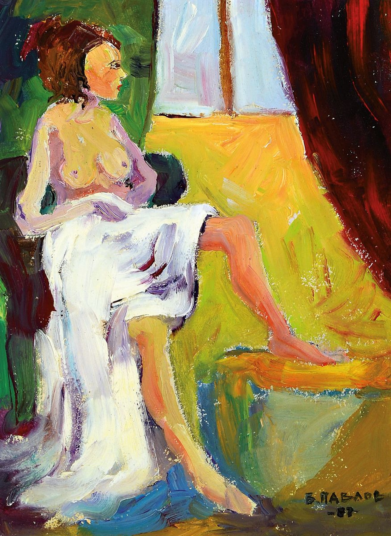 Boris Pavlov, 1928-2005, "Erotischer Akt im Atelier in Paris 1987", Öl/Karton, handsigniert, rückseitig mit Bezeichnung und Etikett, ...