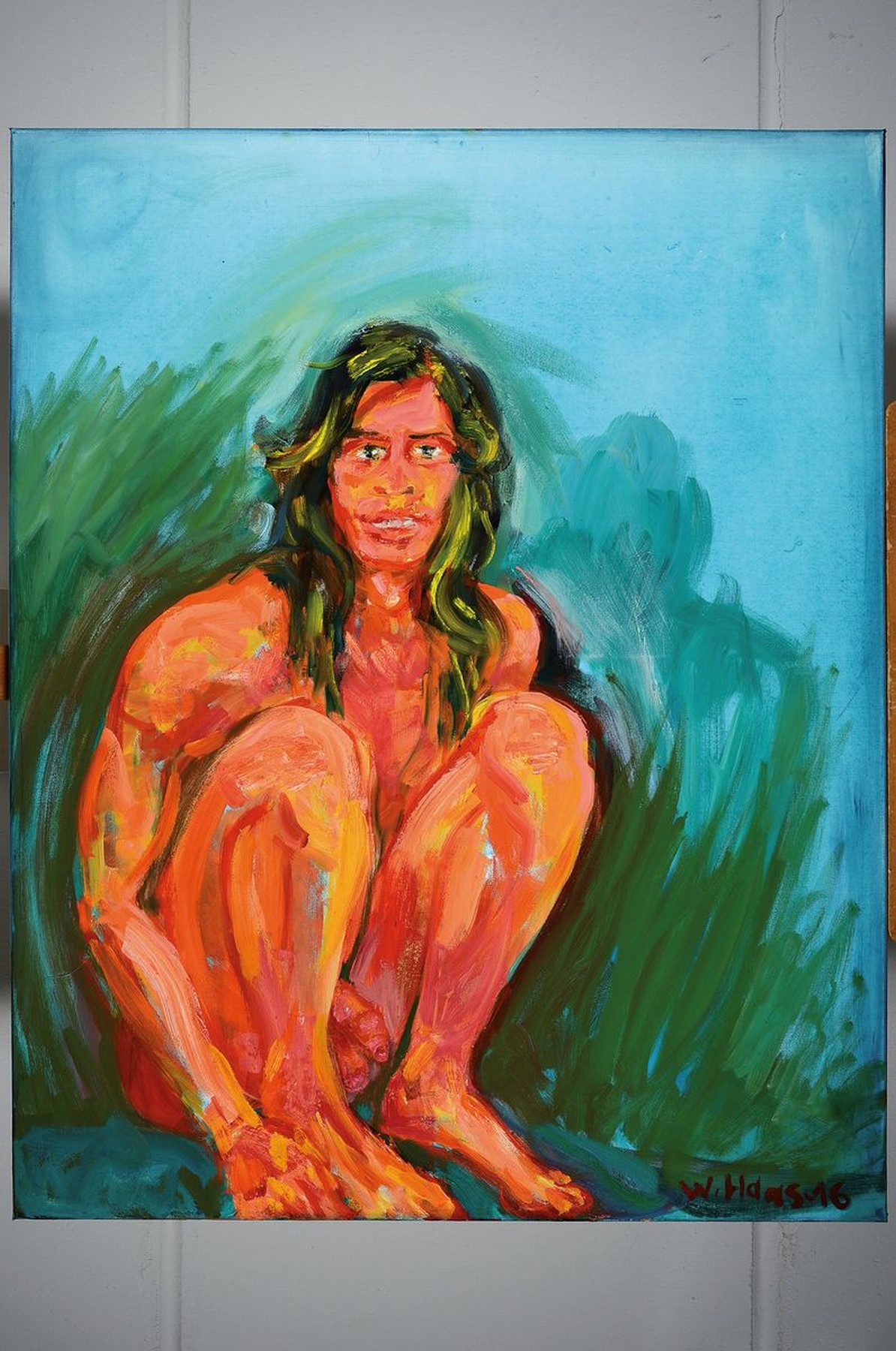 Detail k: Willibrord Haas, geb. 1936, bekannter Berliner Künstler, hockender Akt, Acryl/Lwd, signiert, dat. 2016, 100 x 80 cm
