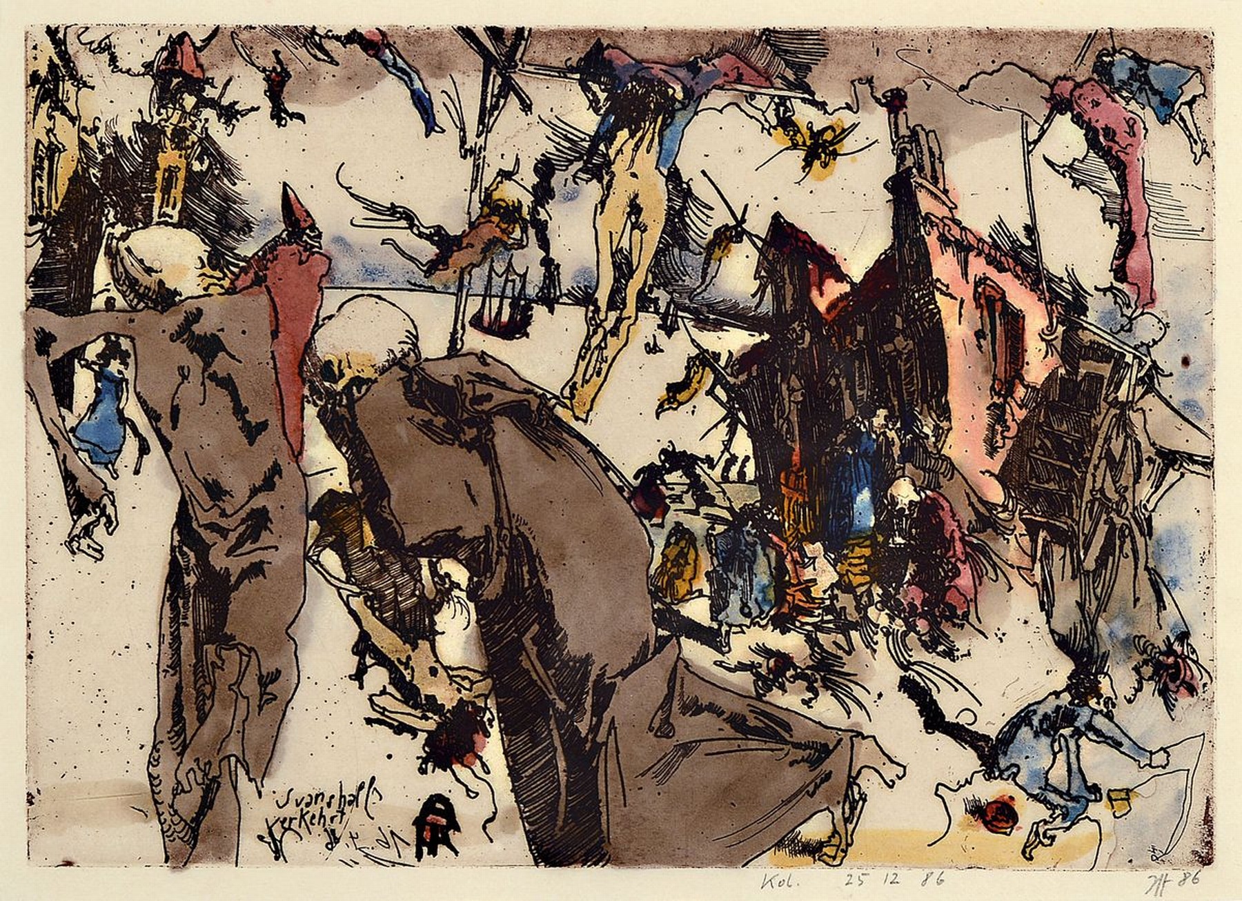 Horst Janssen, 1929 - 1995, Aquarell über Radierung auf Japanbütten, re. u. handsigniert, in der Platte bez." Svanshall verkehrt ...