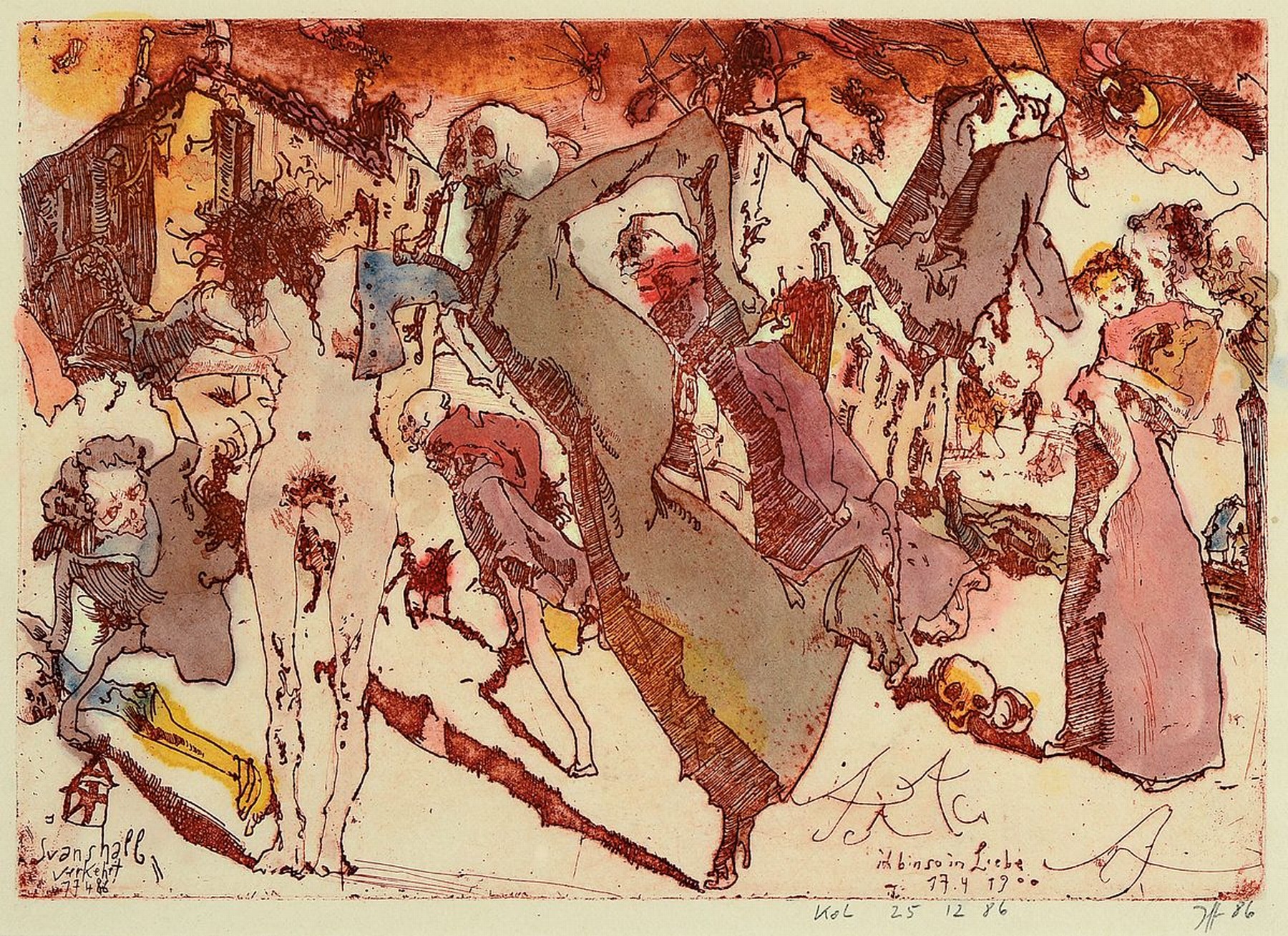 Horst Janssen, 1929 - 1995, Aquarell über Radierung auf Japanbütten, re. u. handsigniert, in der Platte bez."A A A A ich bin so in ...