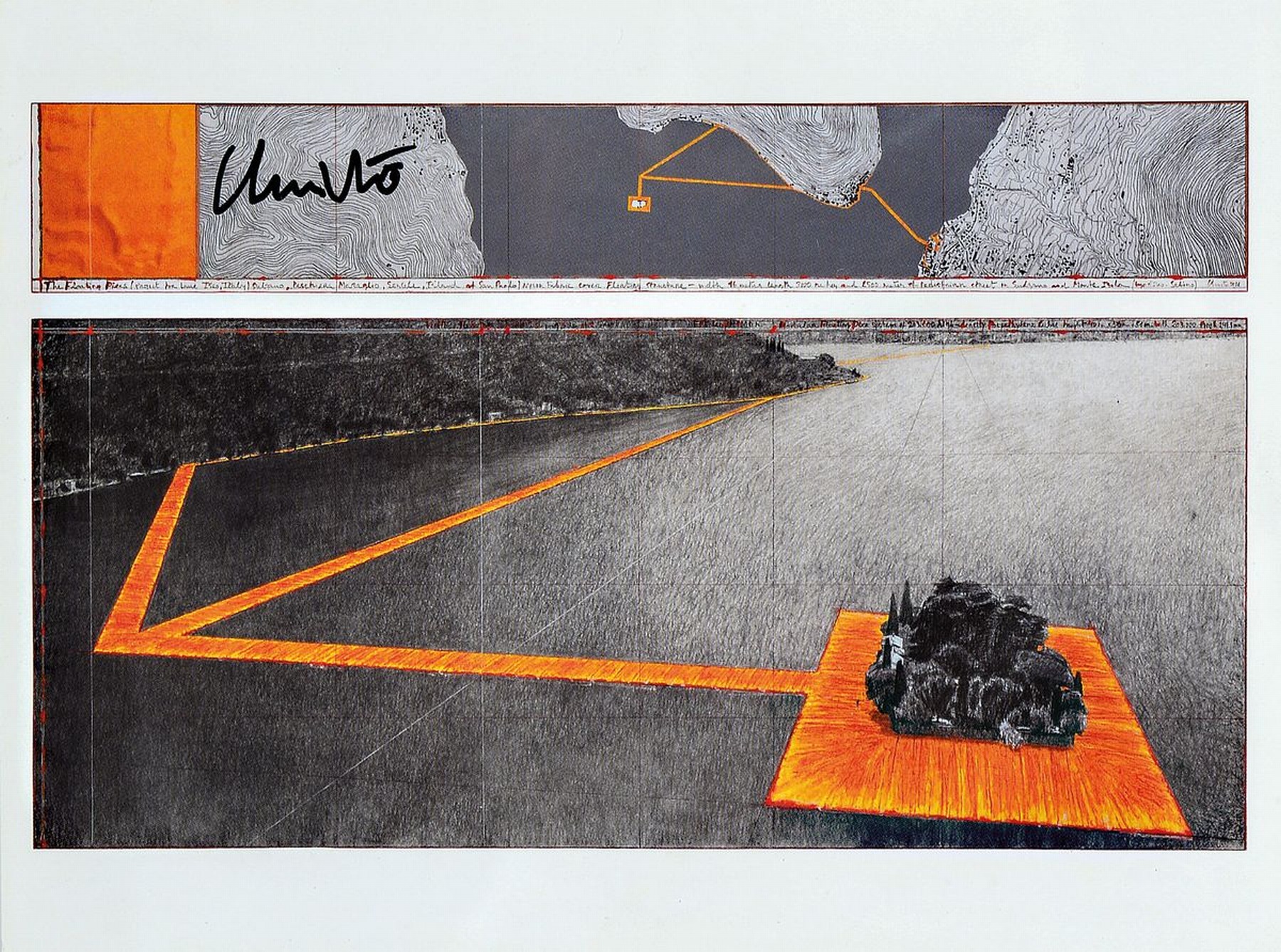 Christo, 1935 - 2020, Lot aus zwei Teilen: a. Multiple "Floating Piers", Rahmen ca. 20.5 x 26.3 cm, b. großes originales Stoffstück aus ...
