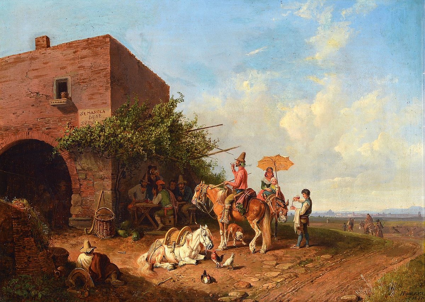 Heinrich Bürkel 1802 Pirmasens-1869 München, Öl/Lwd, typische italienische Landschaft mit Rasthof und reicher Personenstaffage, diese insich ...