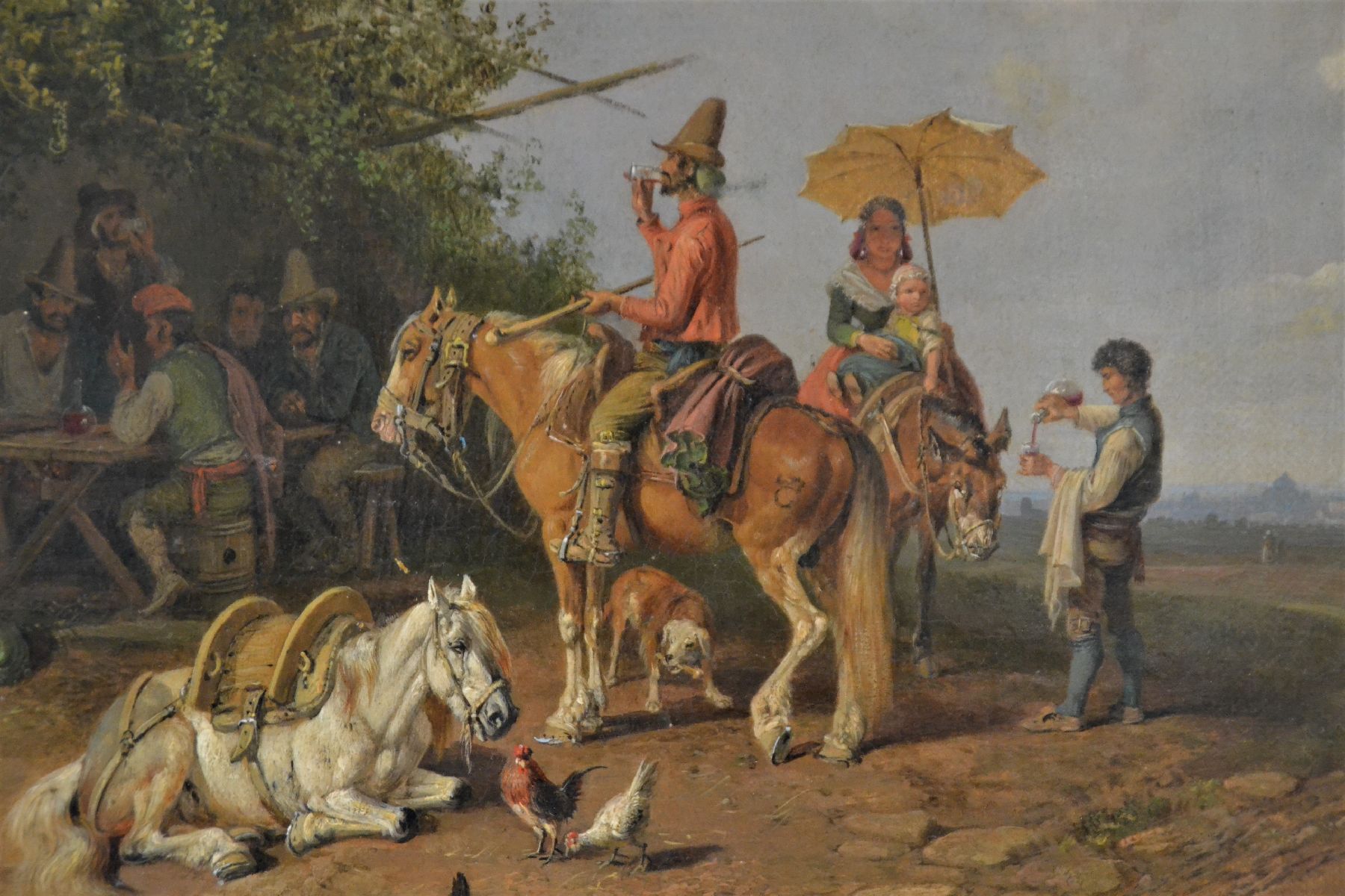 Detail b: Heinrich Bürkel 1802 Pirmasens-1869 München, Öl/Lwd, typische italienische Landschaft mit Rasthof und reicher Personenstaffage, diese insich ...