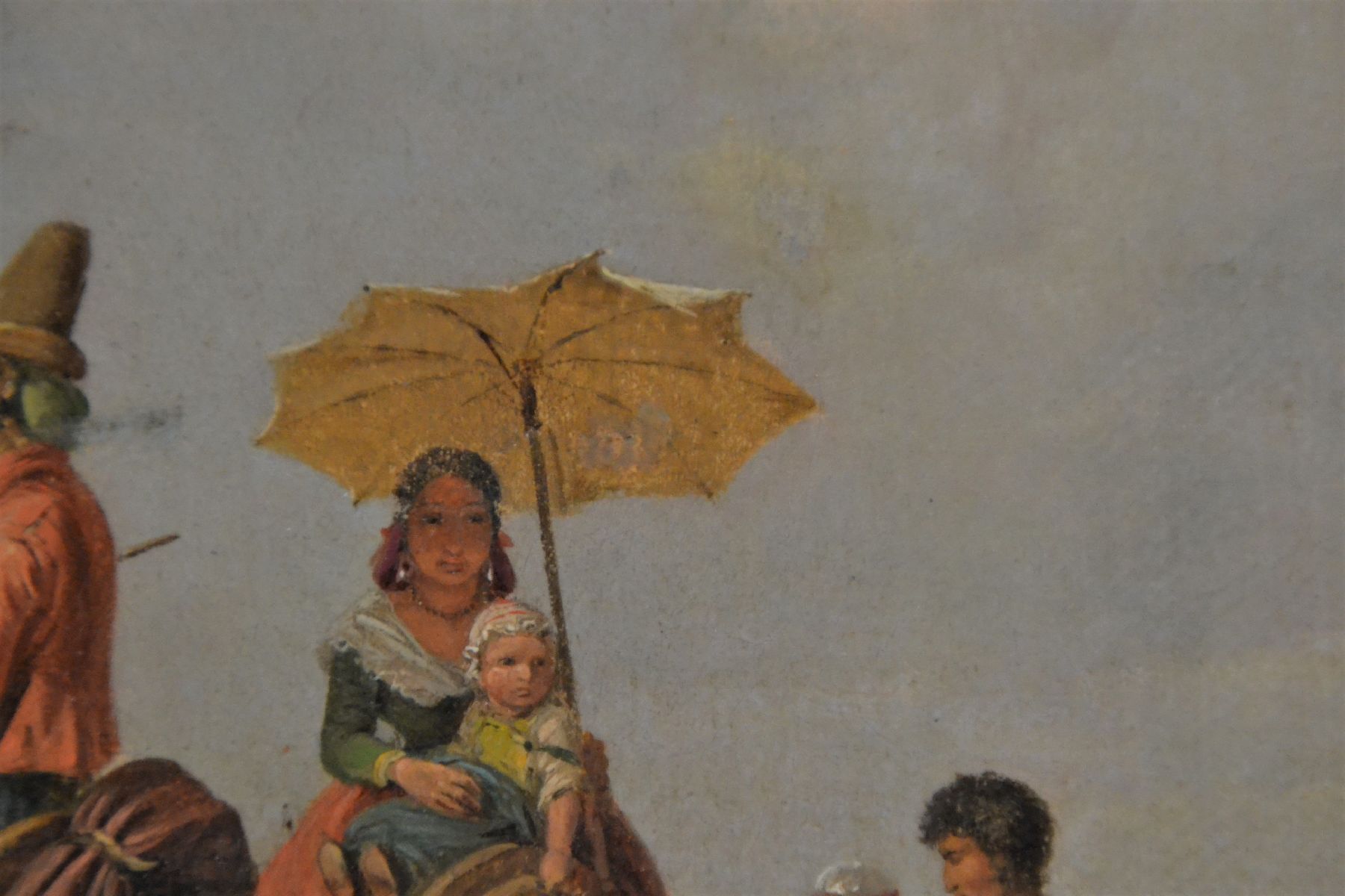 Detail i: Heinrich Bürkel 1802 Pirmasens-1869 München, Öl/Lwd, typische italienische Landschaft mit Rasthof und reicher Personenstaffage, diese insich ...
