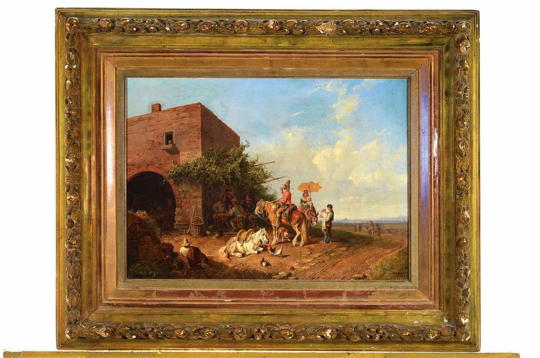 Detail k: Heinrich Bürkel 1802 Pirmasens-1869 München, Öl/Lwd, typische italienische Landschaft mit Rasthof und reicher Personenstaffage, diese insich ...