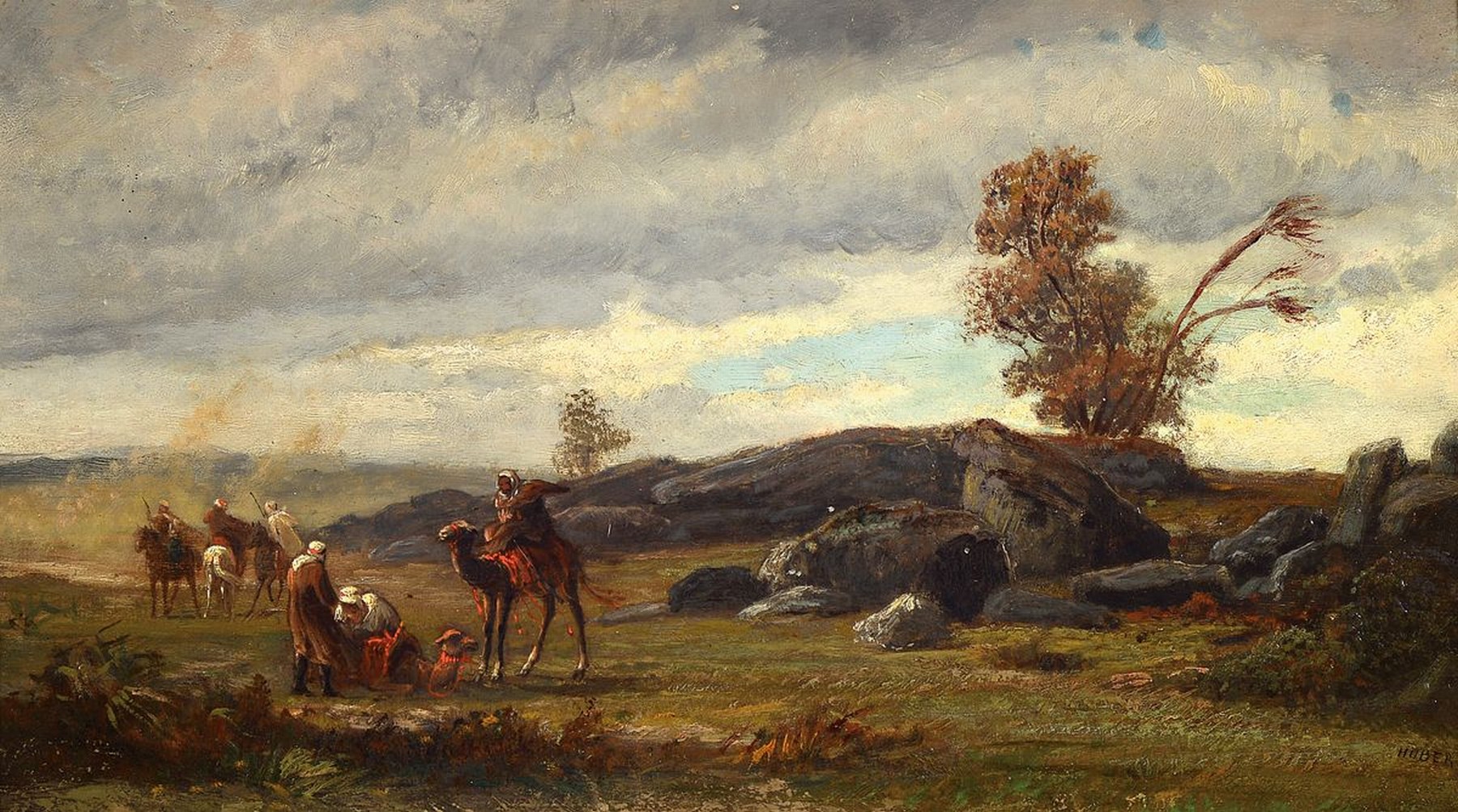Huber, Künstler des 19.Jh., Beduinen mit Kamelen in weiter Landschaft, im Mittelgrund aufgewirbelter Sand, rechts unten signiert Huber, ...