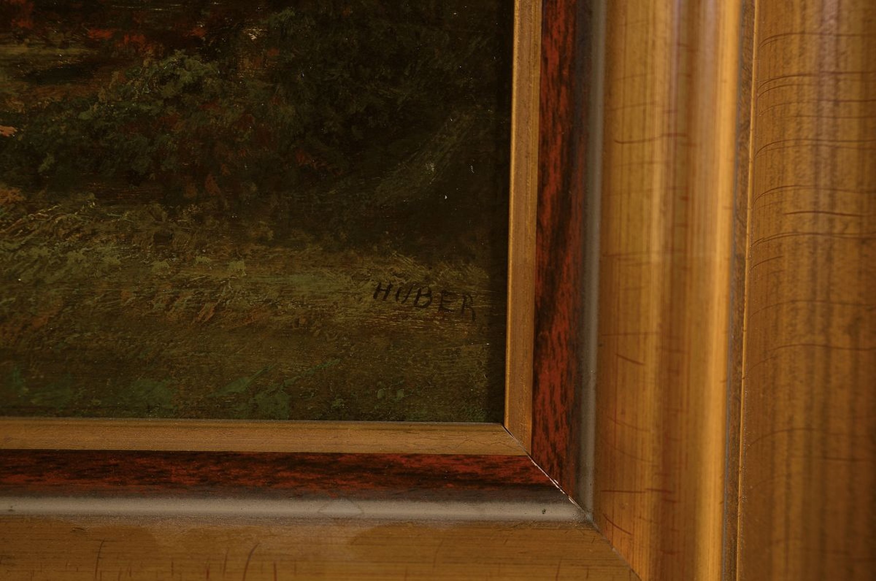 Detail a: Huber, Künstler des 19.Jh., Beduinen mit Kamelen in weiter Landschaft, im Mittelgrund aufgewirbelter Sand, rechts unten signiert Huber, ...
